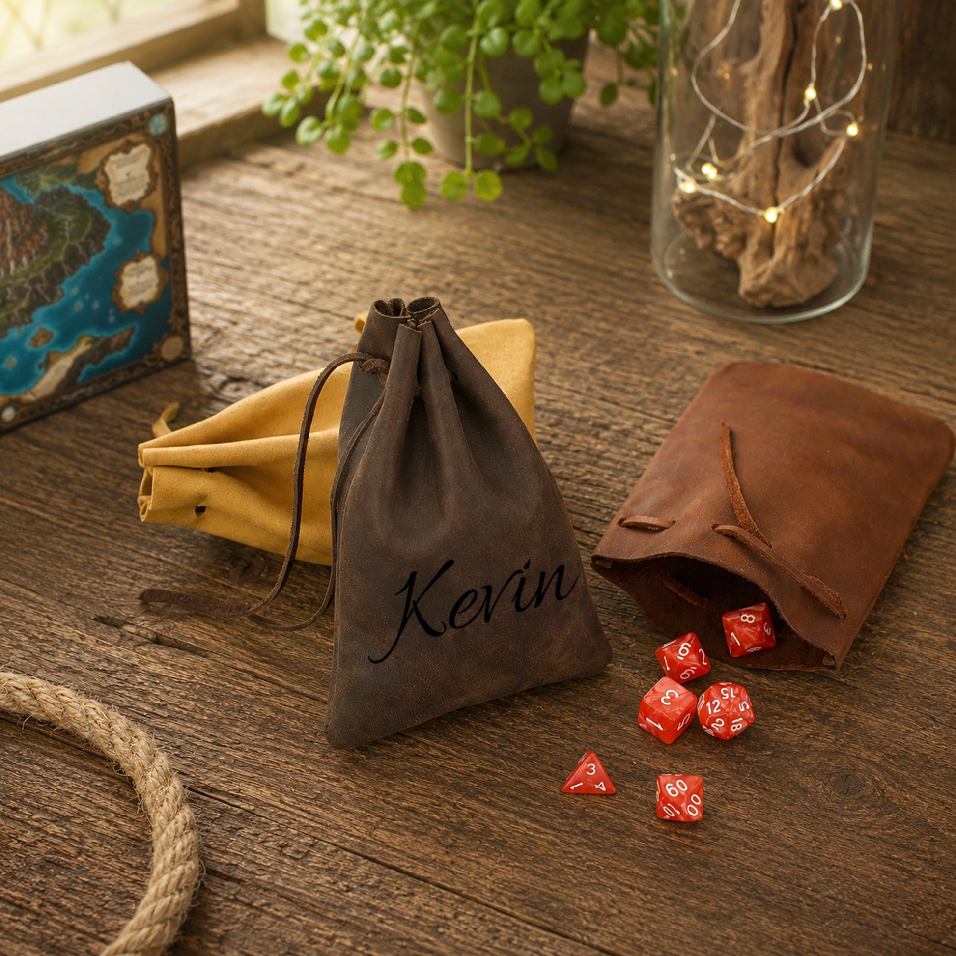Three personalized leather drawstring pouches in brown, tan, and dark brown are arranged on a rustic wooden table with red polyhedral gaming dice scattered outside one pouch. The center pouch is personalized with the name 'Kevin' in black script.