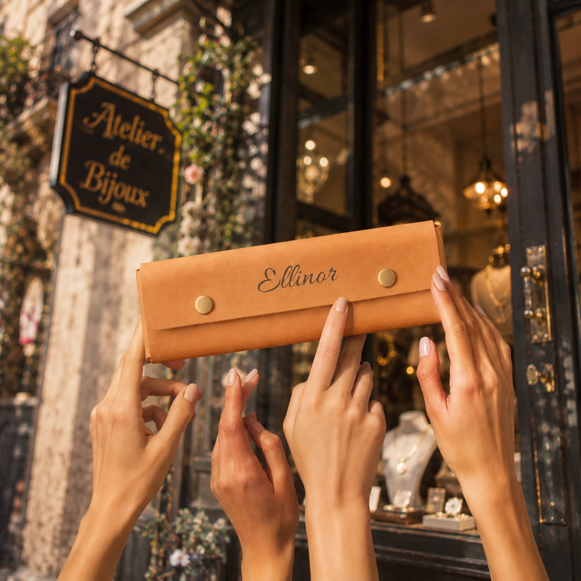 A tan leather wallet or clutch with the brand name 'Ellinor' embroidered on the front, held up by multiple hands in front of a boutique storefront with a sign reading 'Atelier de Bijoux'.