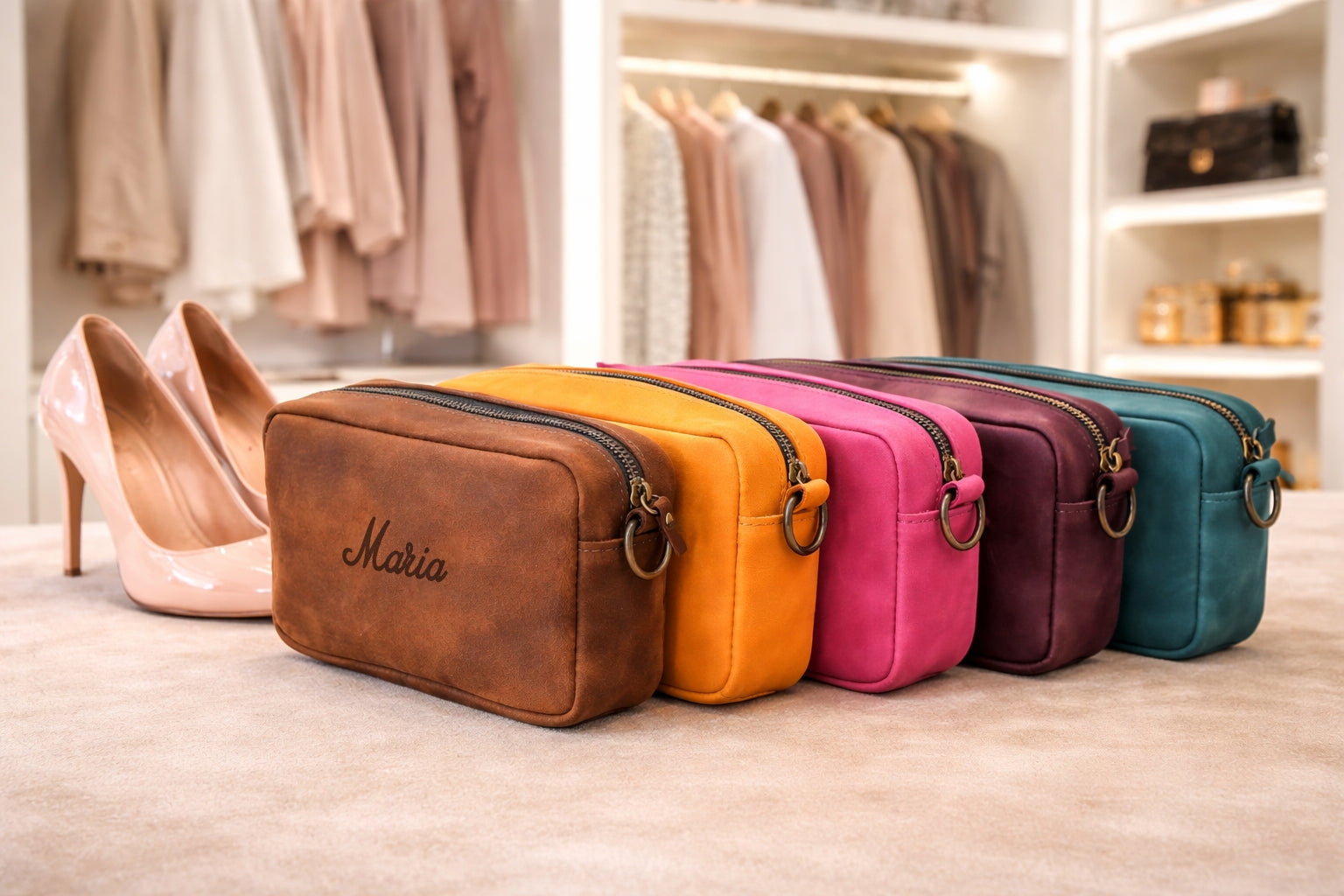 Colorful leather crossbody with 'Maria' branding on a wooden surface, with high heels and a wardrobe in the background.