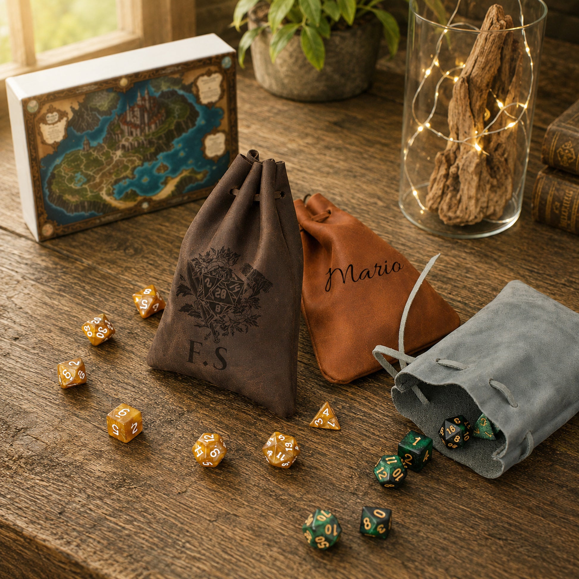 Three fabric drawstring pouches in brown, tan, and gray are arranged on a wooden tabletop with scattered polyhedral dice. A branded box with a fantasy map design sits in the background beside a glass jar of driftwood and string lights.
