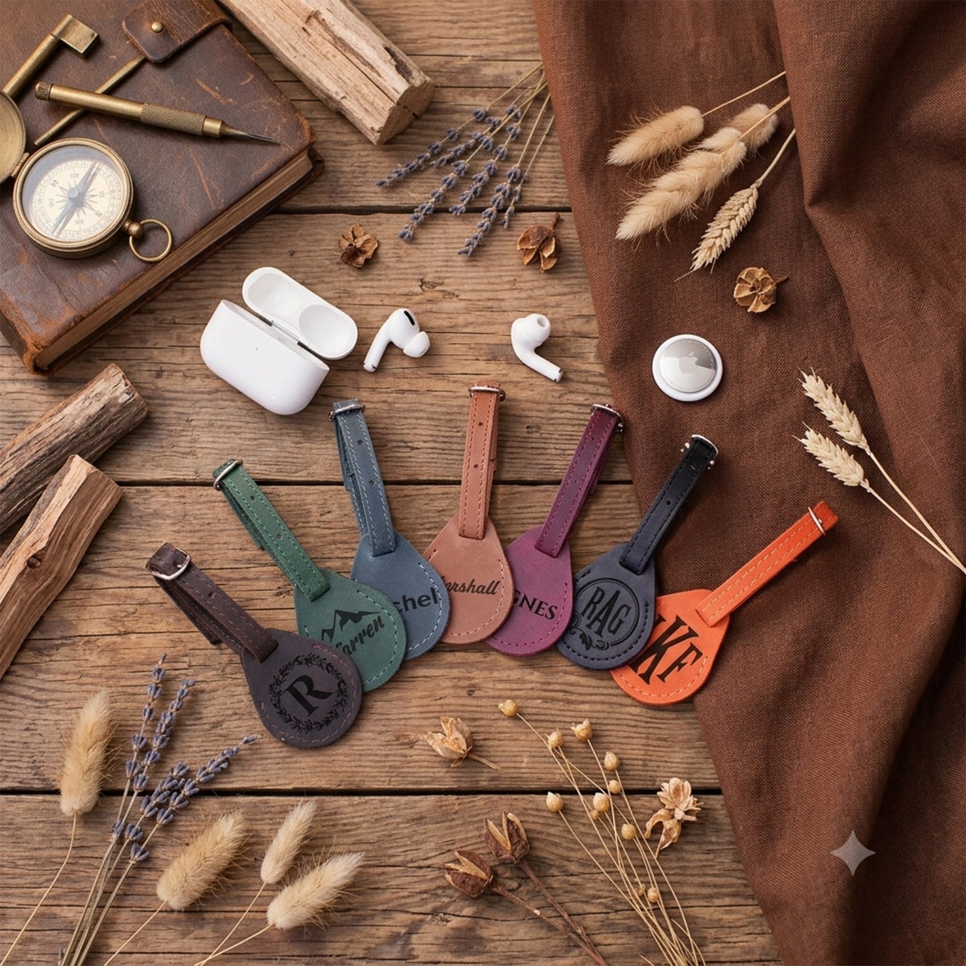 Six personalized leather keychains shaped like musical instruments (guitar, mandolin, violin, cello, trumpet, and clarinet) in various colors, displayed on a rustic wooden table with a white wireless earbud charging case, white AirPods, a brass pocket watch, dried wheat, and a brown fabric backdrop.