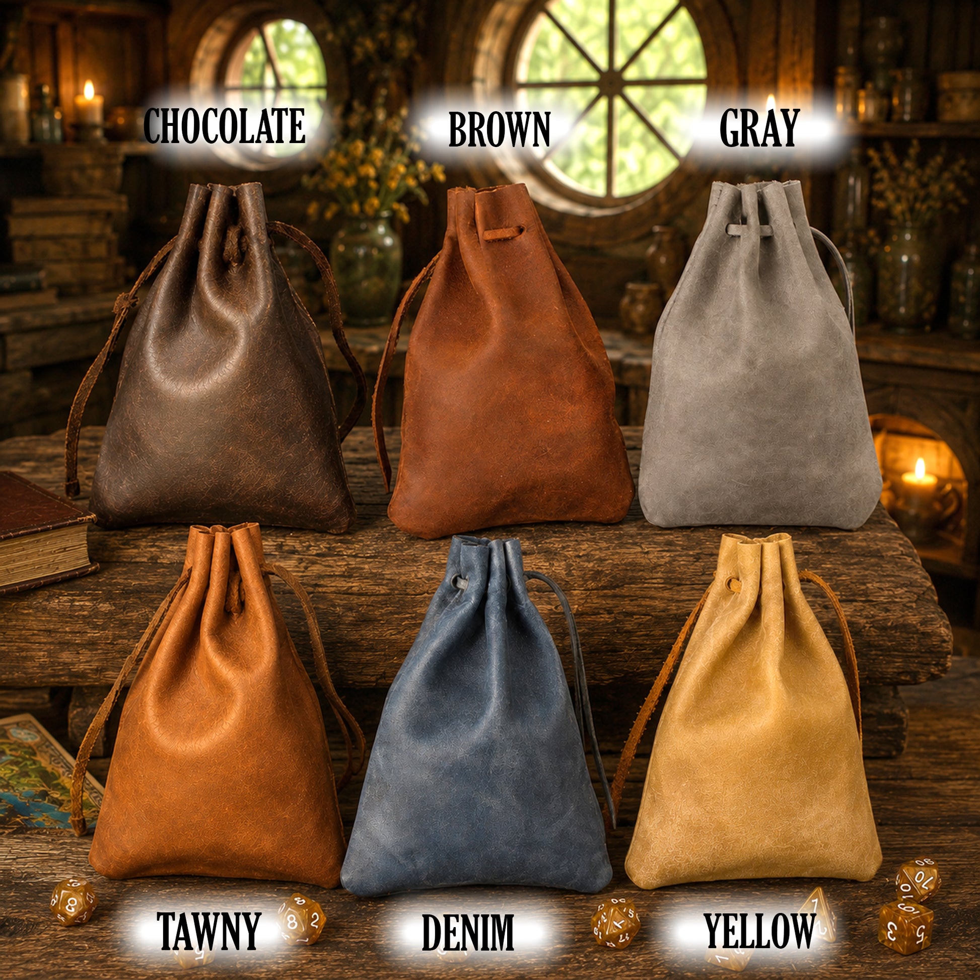 Six faux leather drawstring pouches in different colors are arranged on a rustic wooden table with labels underneath: Chocolate, Brown, Gray, Tawny, Denim, and Yellow.