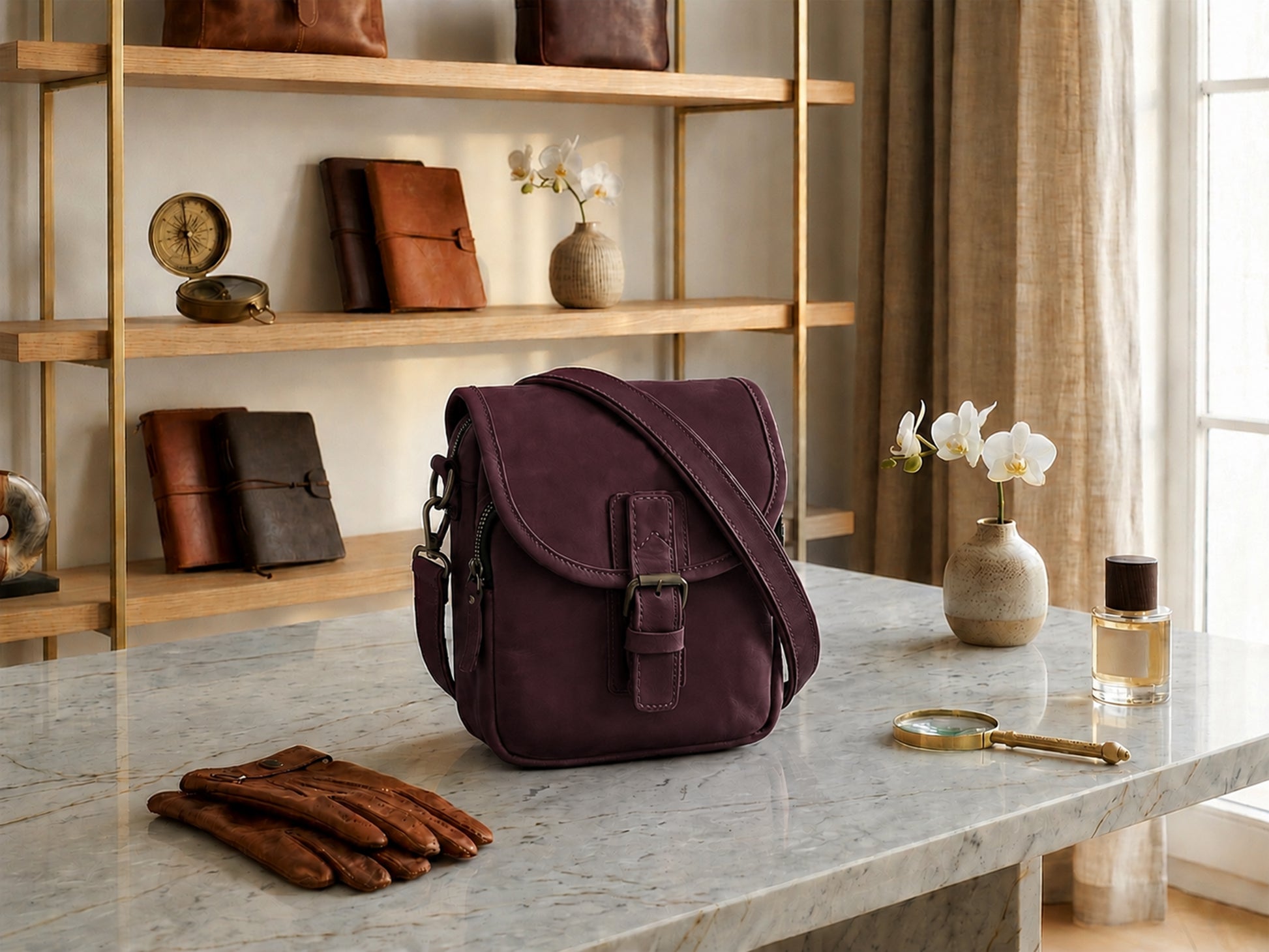 Purple bag on a marble surface with a wooden shelf in the background