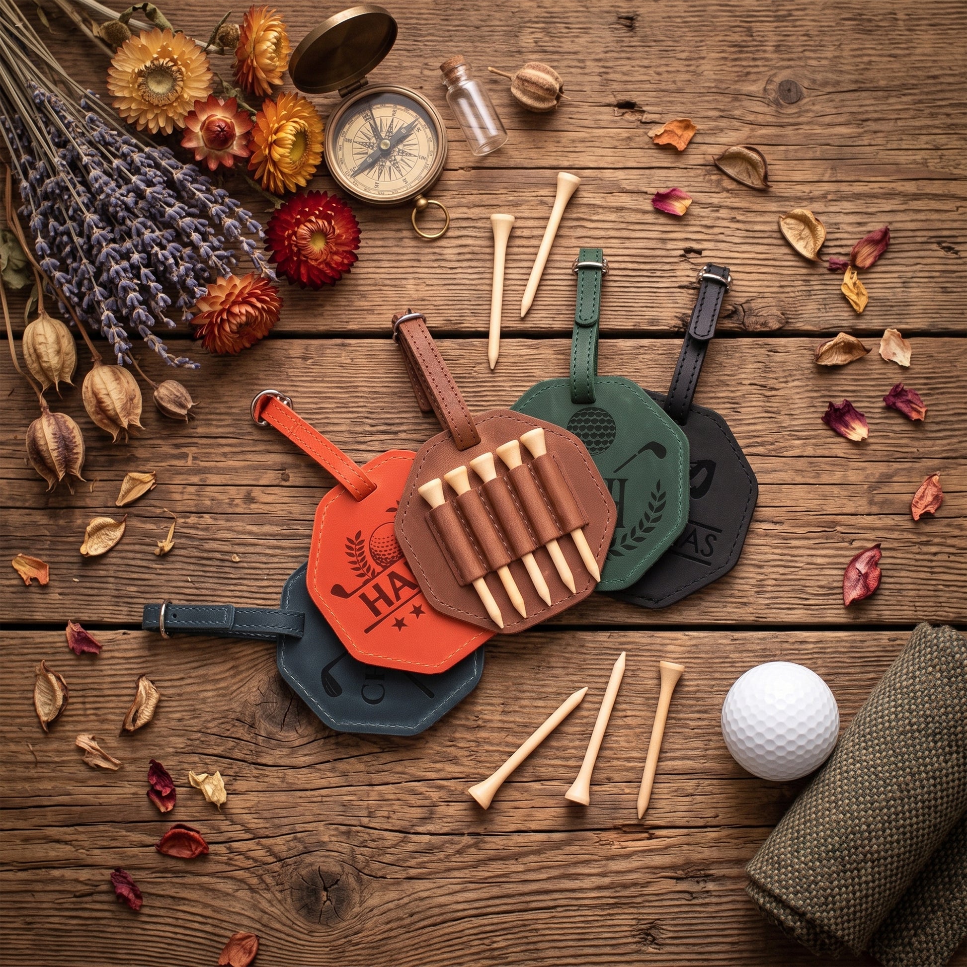 Four leather golf tees in orange, brown, green, and black are arranged on a rustic wooden tabletop with golf tees, dried flowers, a compass, and a golf ball nearby.
