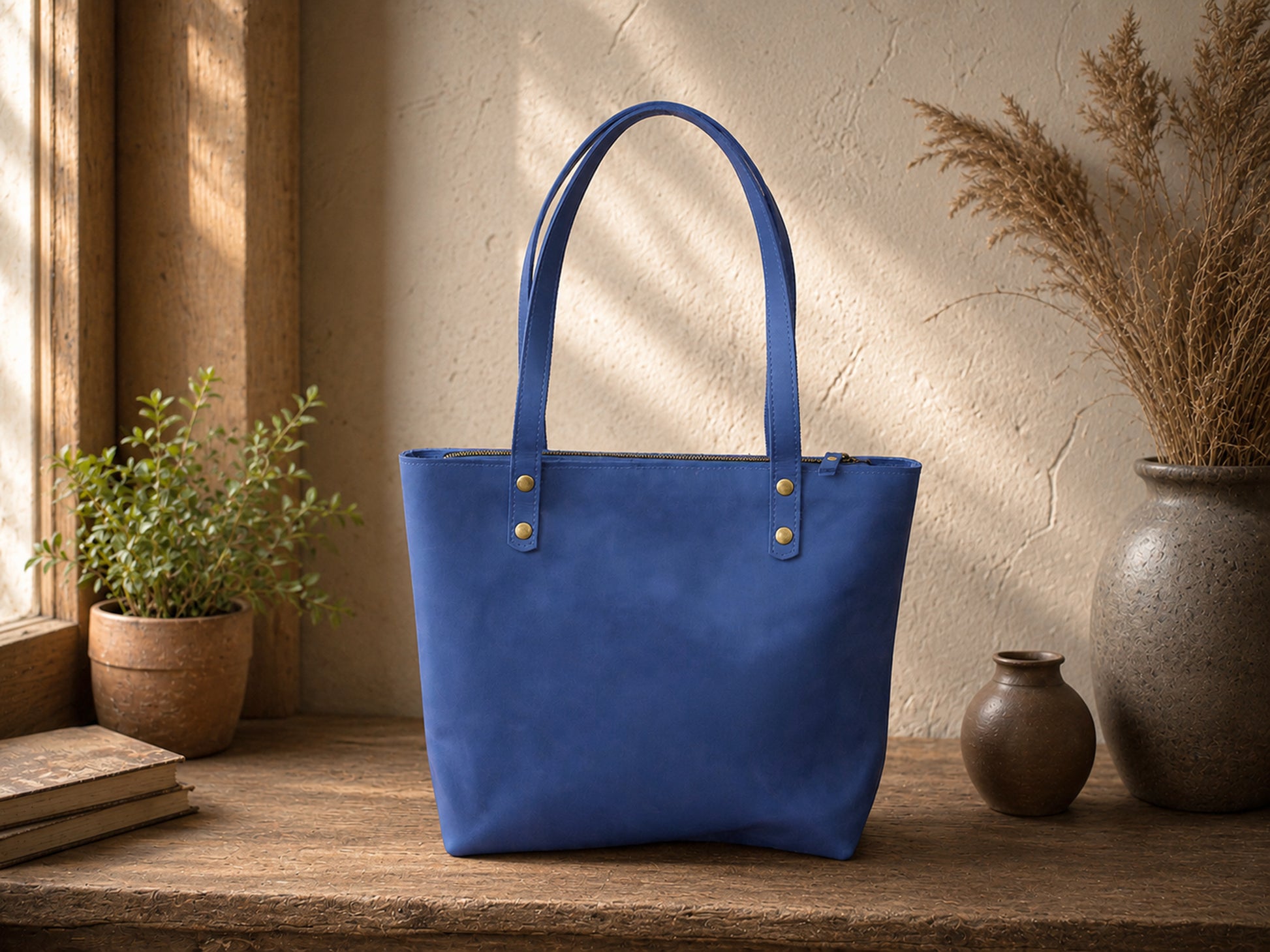 Person carrying personalized leather tote bag, lifestyle editorial photo