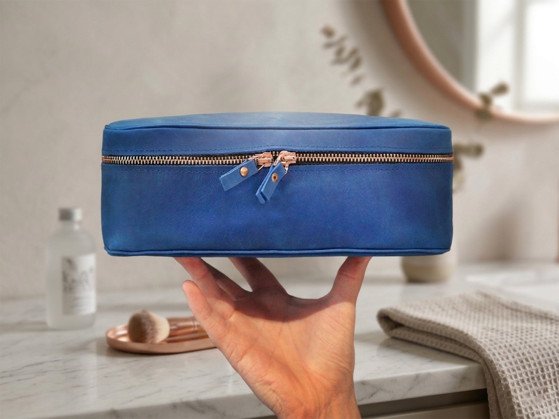 Handcrafted leather delicates case variant, travel essentials pouch front view
