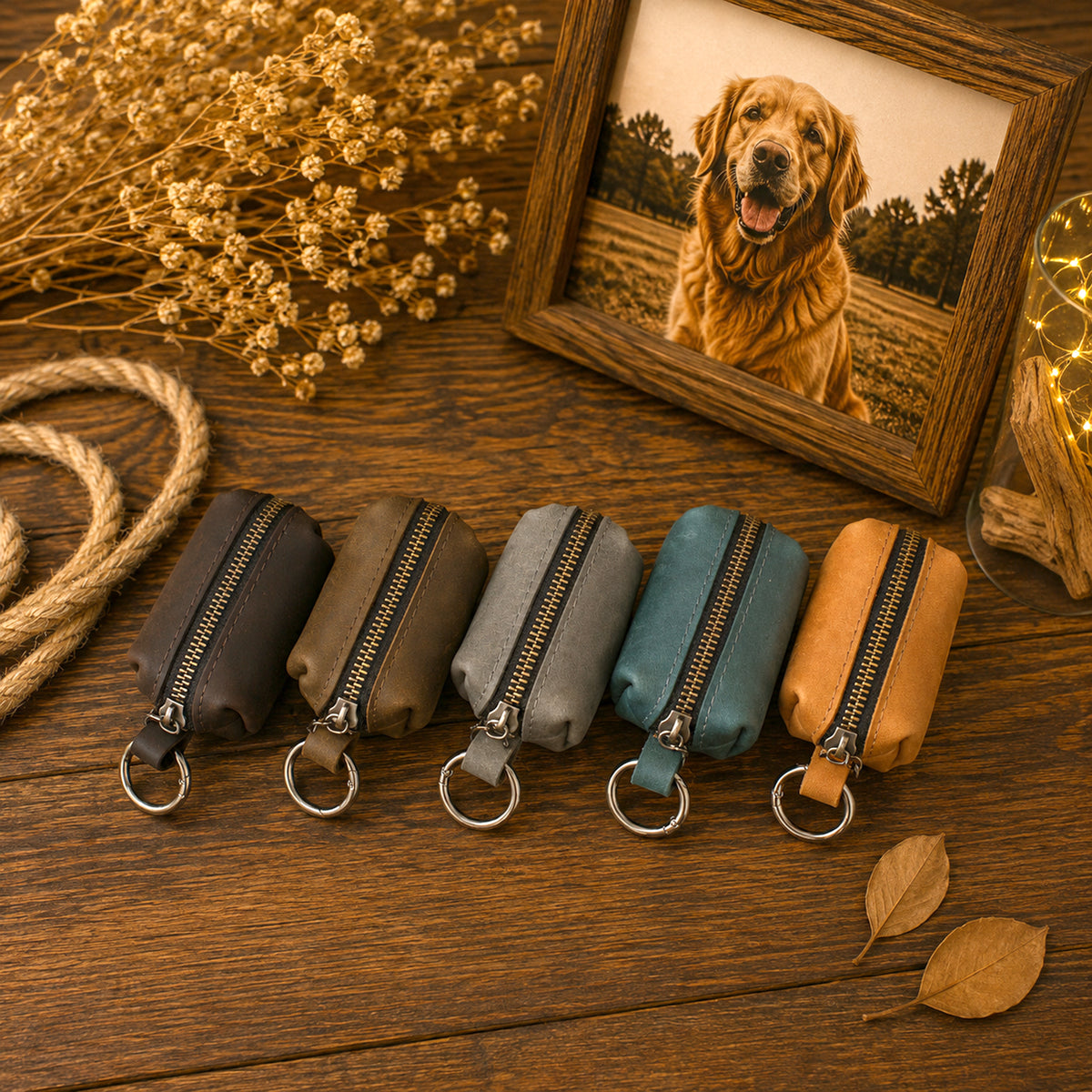 Five small zippered pouches or coin cases in dark brown, taupe, gray, teal, and tan are arranged on a wooden surface. Each pouch has a metal ring and zipper pull.