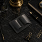 Brown leather pen holder with custom monogram engraving, front view