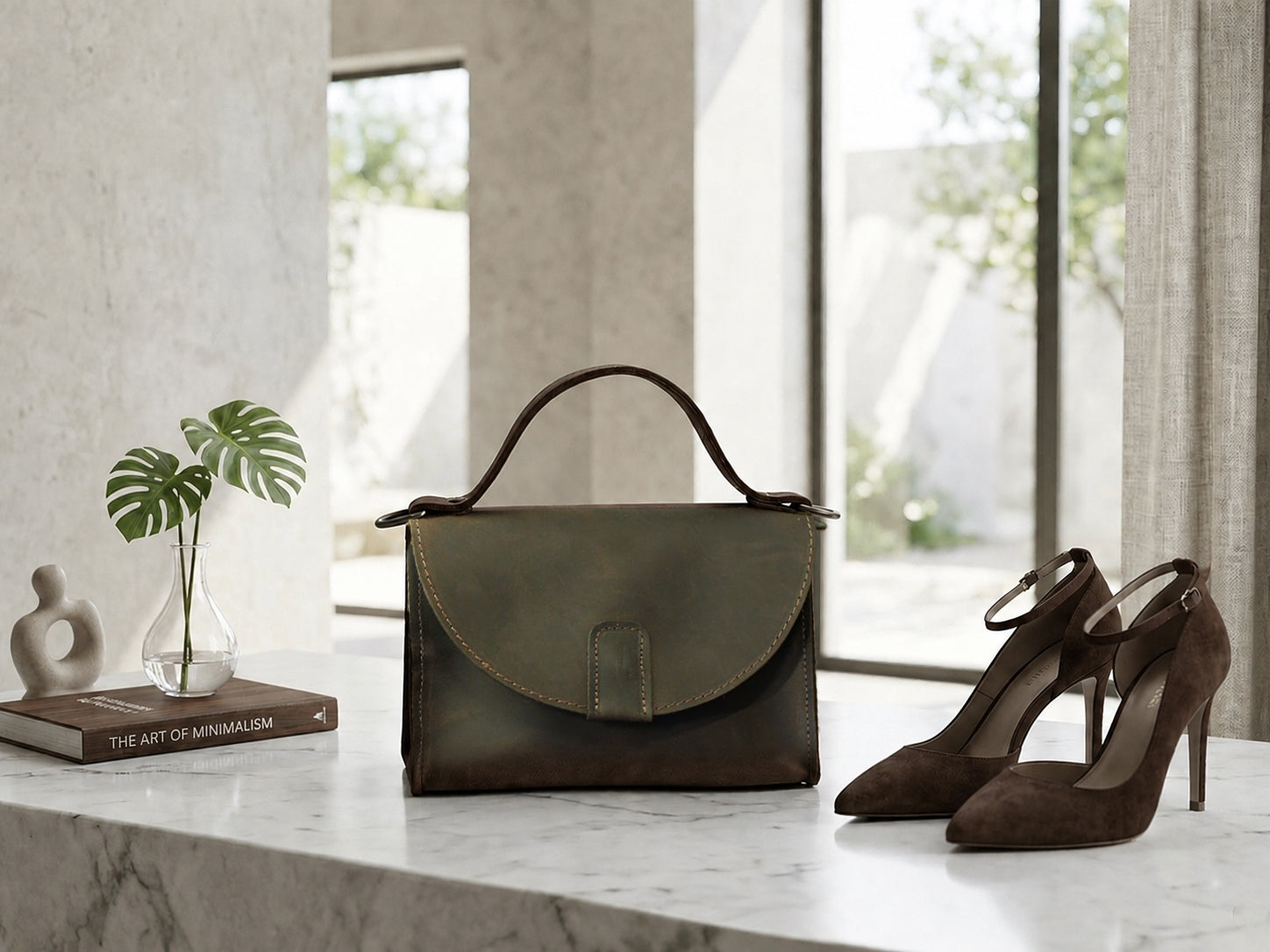 Chocolate handbag and brown high heels on a marble surface with a blurred indoor background