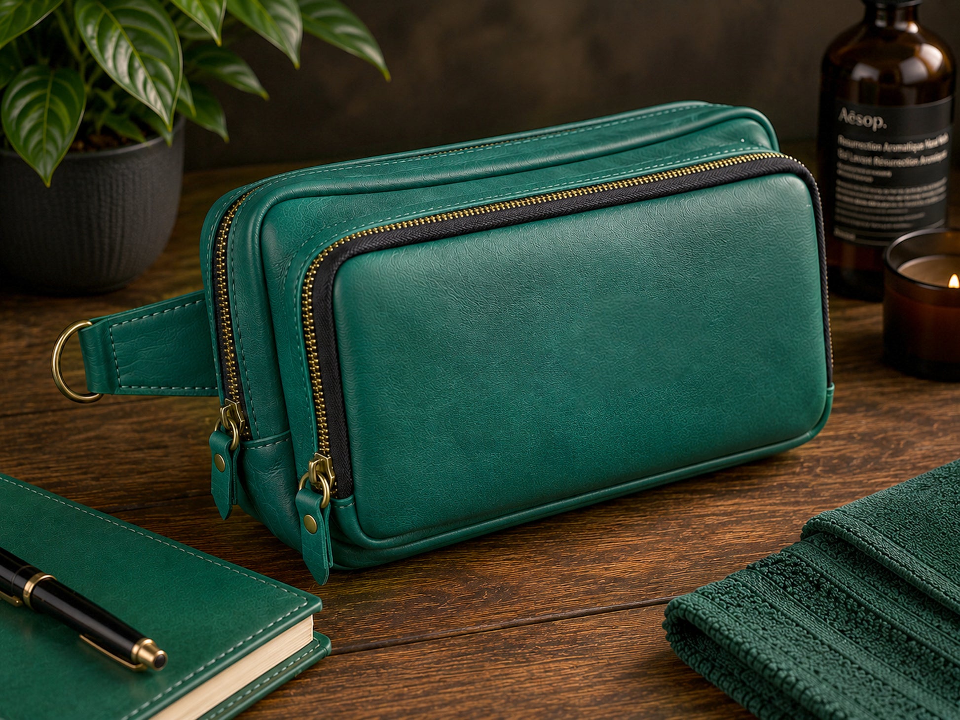 Green leather crossbody bag on a wooden surface with a plant and bottle in the background