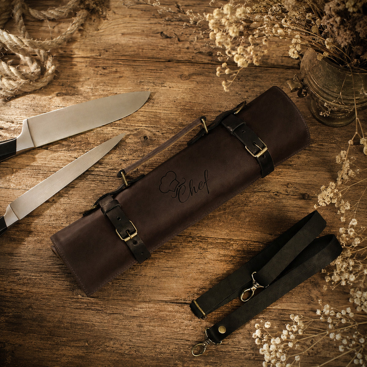 A dark brown leather chef's knife roll with black straps and buckles, laid on a rustic wooden table with two chef knives, dried flowers, and rope props.