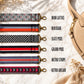 Collection of patterned strap designs with a beige handbag on a textured surface.