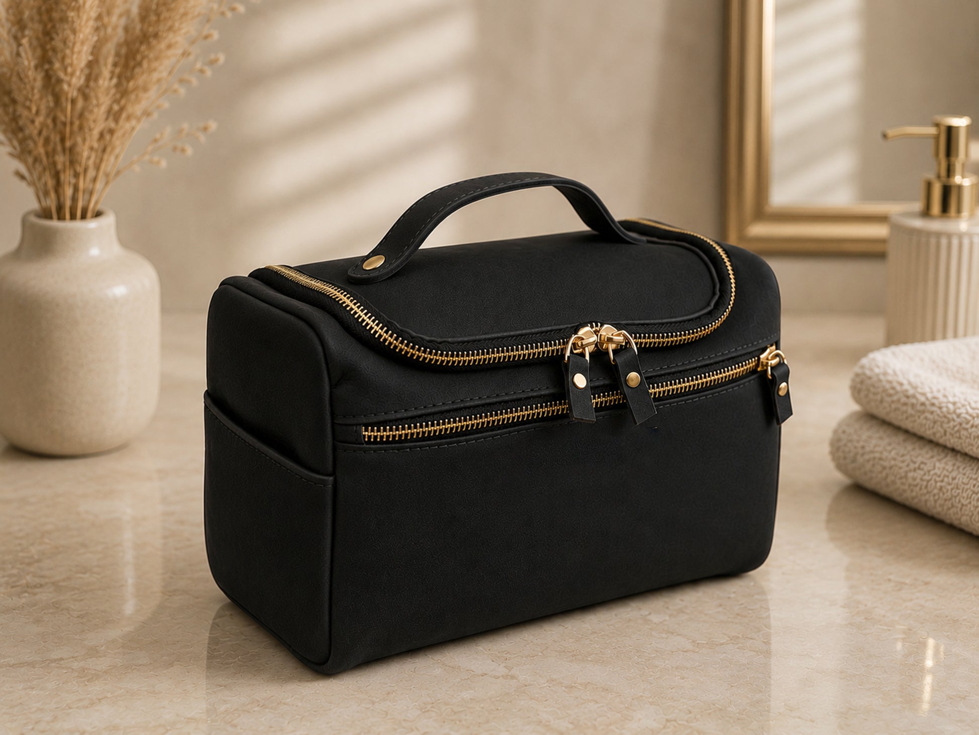 Black cosmetic bag with gold zippers on a beige surface