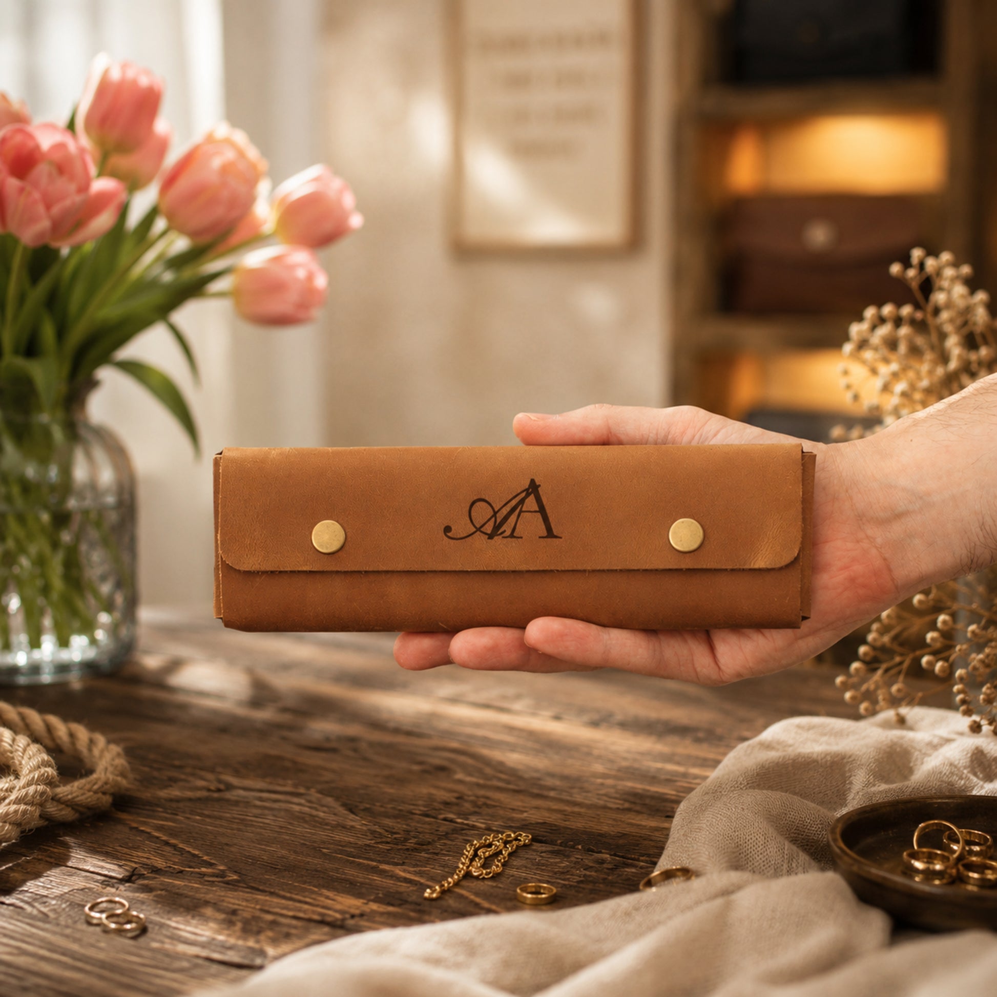 A hand holds a tan leather jewelry organizer case with gold snap buttons and an engraved monogram, set on a rustic wooden table with pink tulips and jewelry in a warm, softly lit interior.