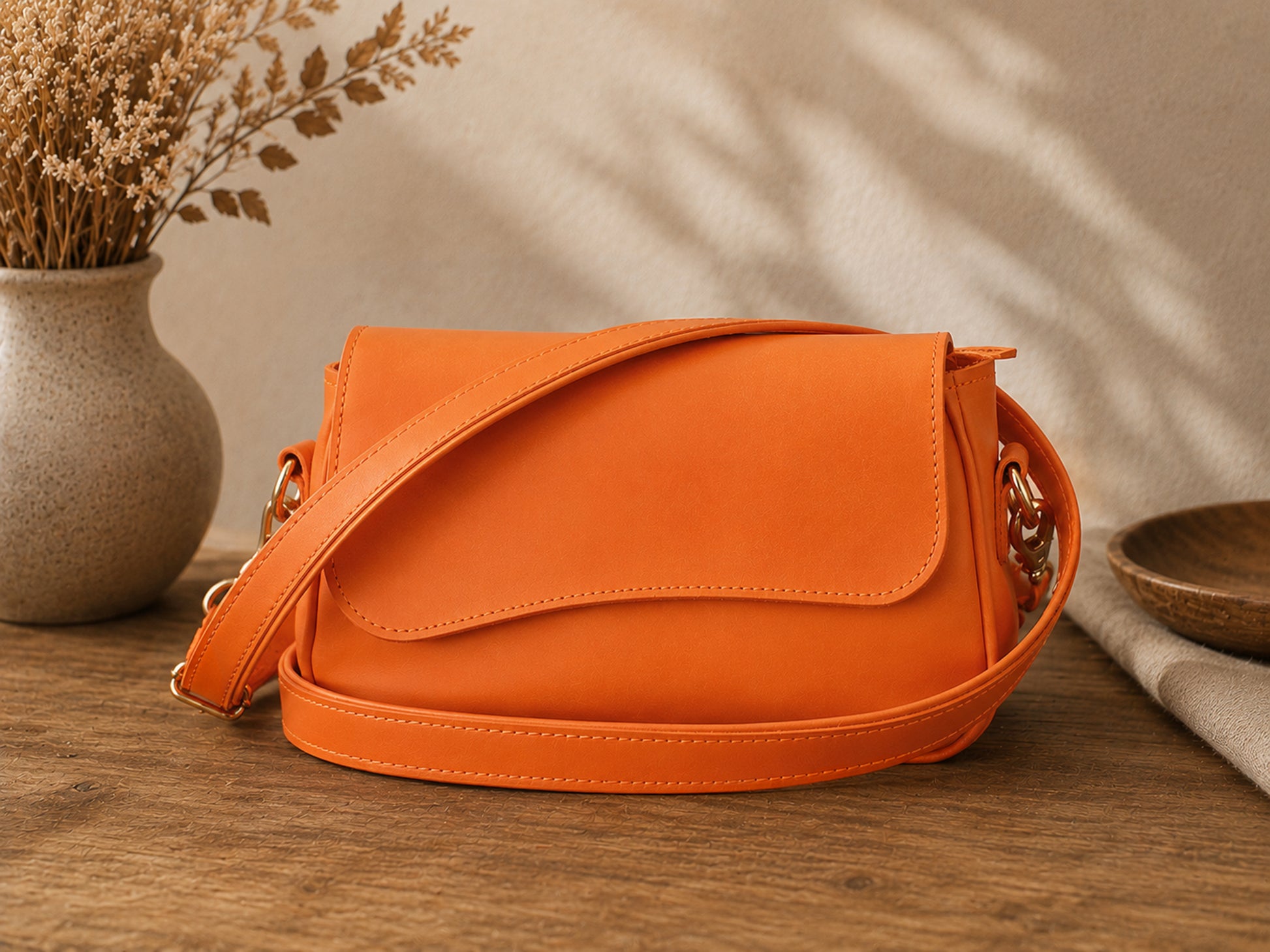 Orange handbag on a wooden surface with a vase and plant in the background
