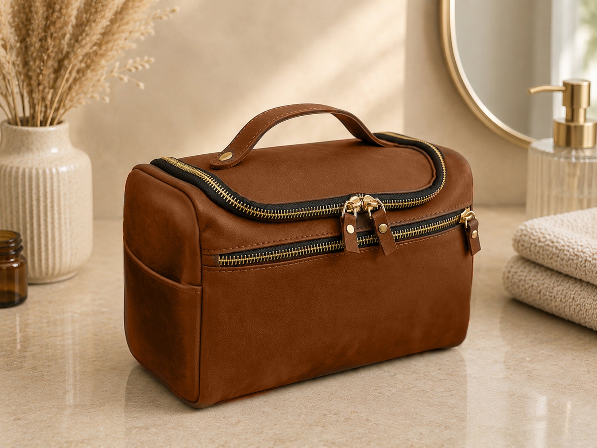 Brown leather toiletry bag on a bathroom counter with decorative elements.