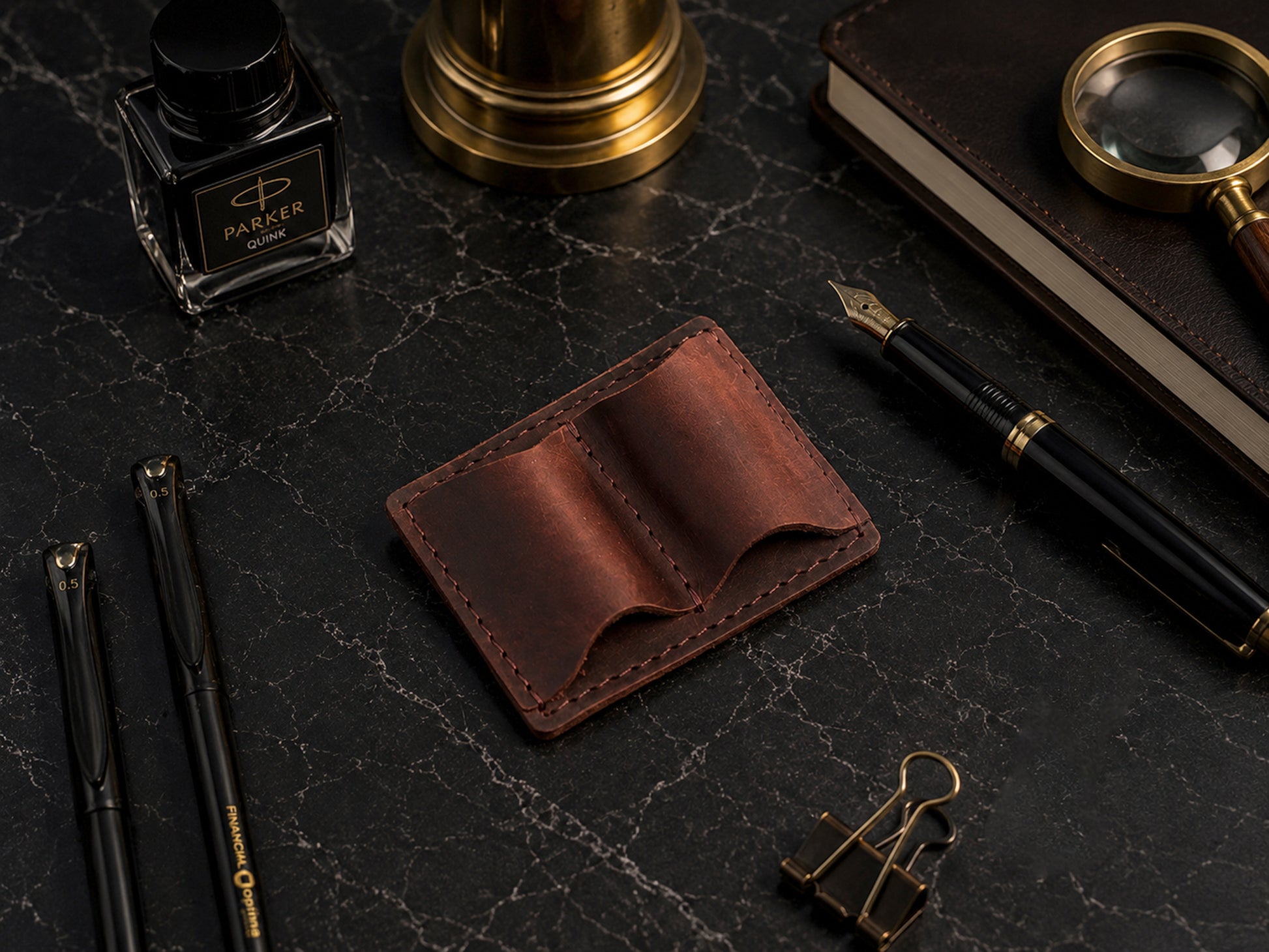 Minimalist leather pen loop with elastic band, handcrafted design