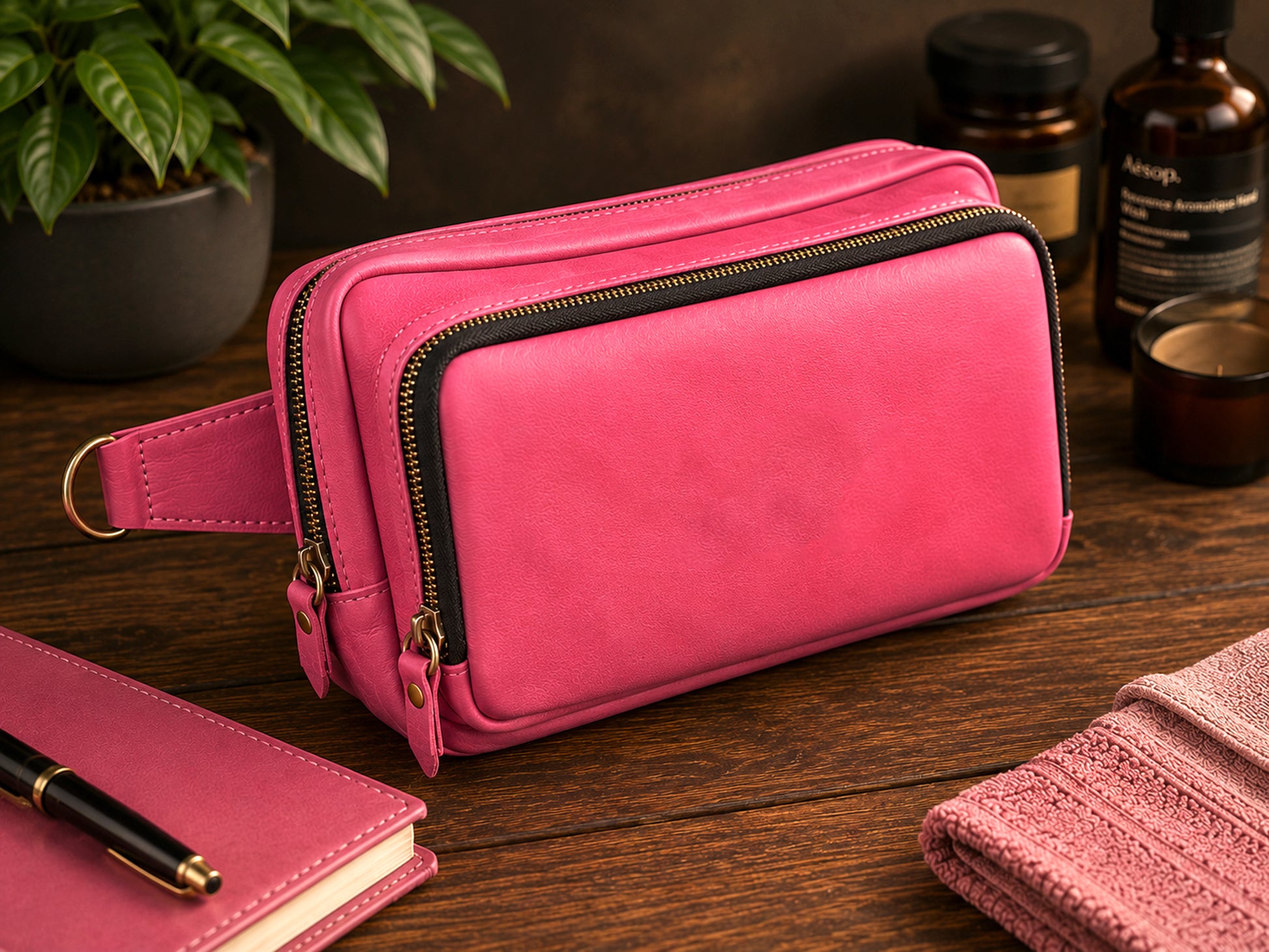 Pink leather crossbody bag on a wooden surface with a notebook and plant in the background