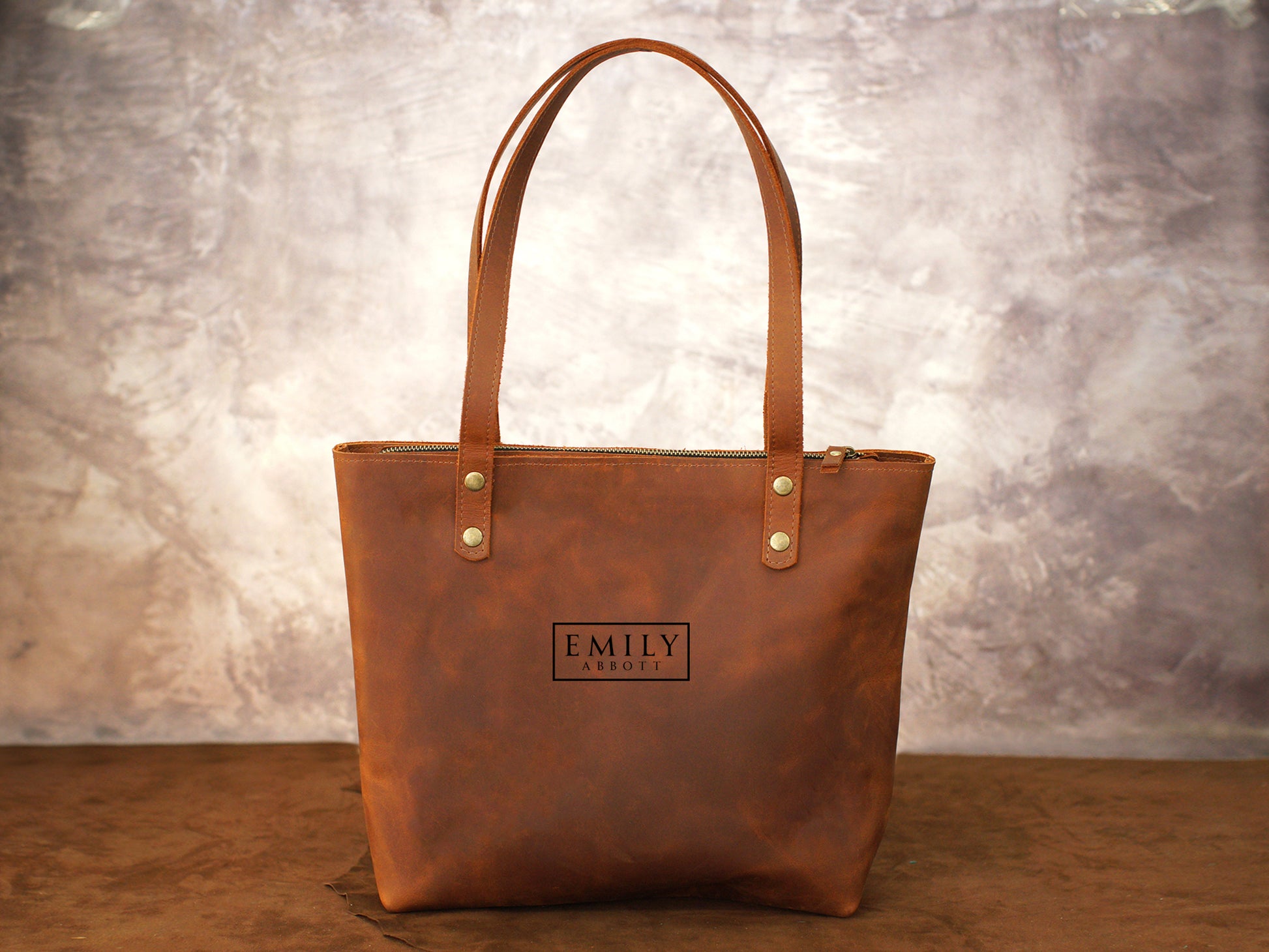 Leather tote bag with custom stamp, everyday essential shoulder bag
