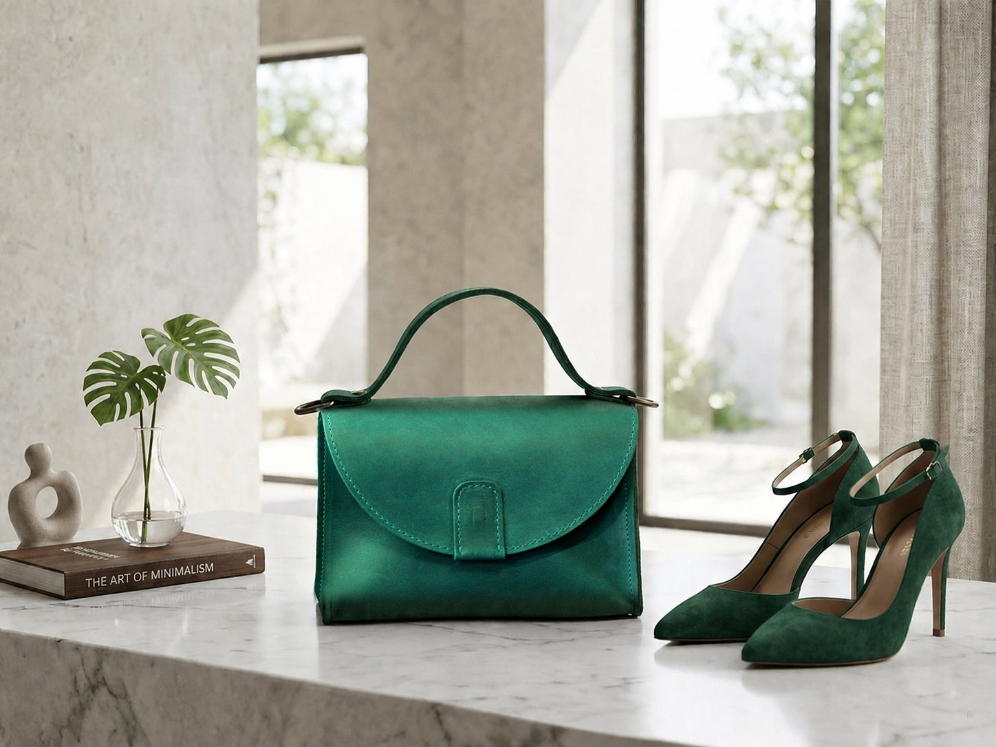 Green handbag and high heels on a marble surface with a neutral background