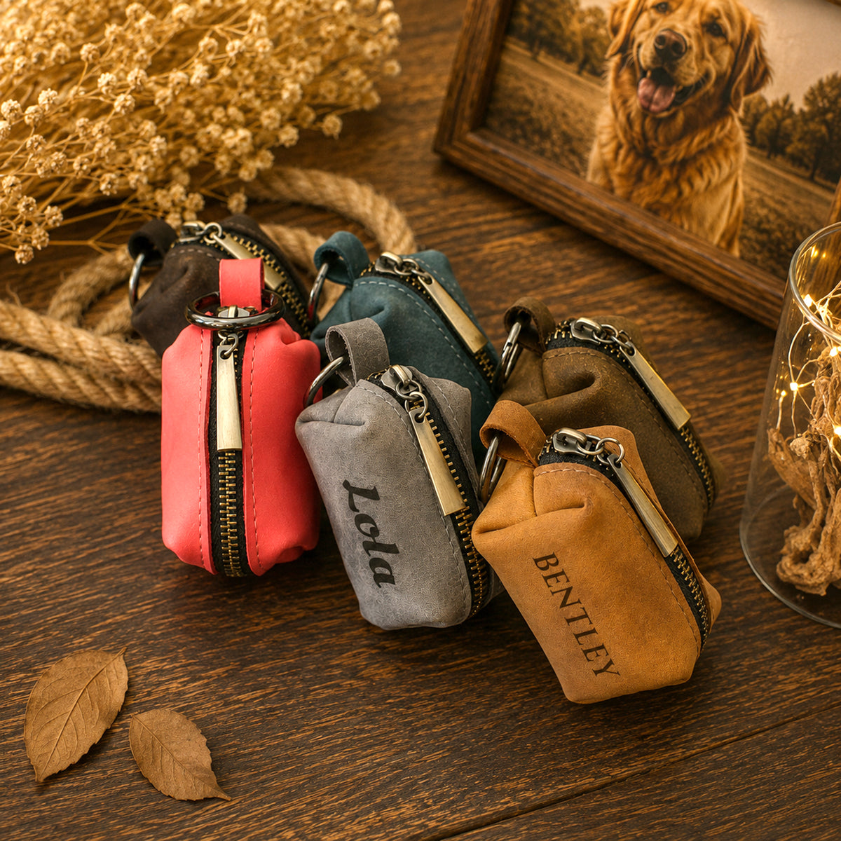 Four small zippered pouches or coin purses in coral pink, gray, dark teal, and tan are arranged on a wooden surface. The tan pouch is embroidered with the name 'BENTLEY' and the gray pouch is embroidered with 'Lola'.