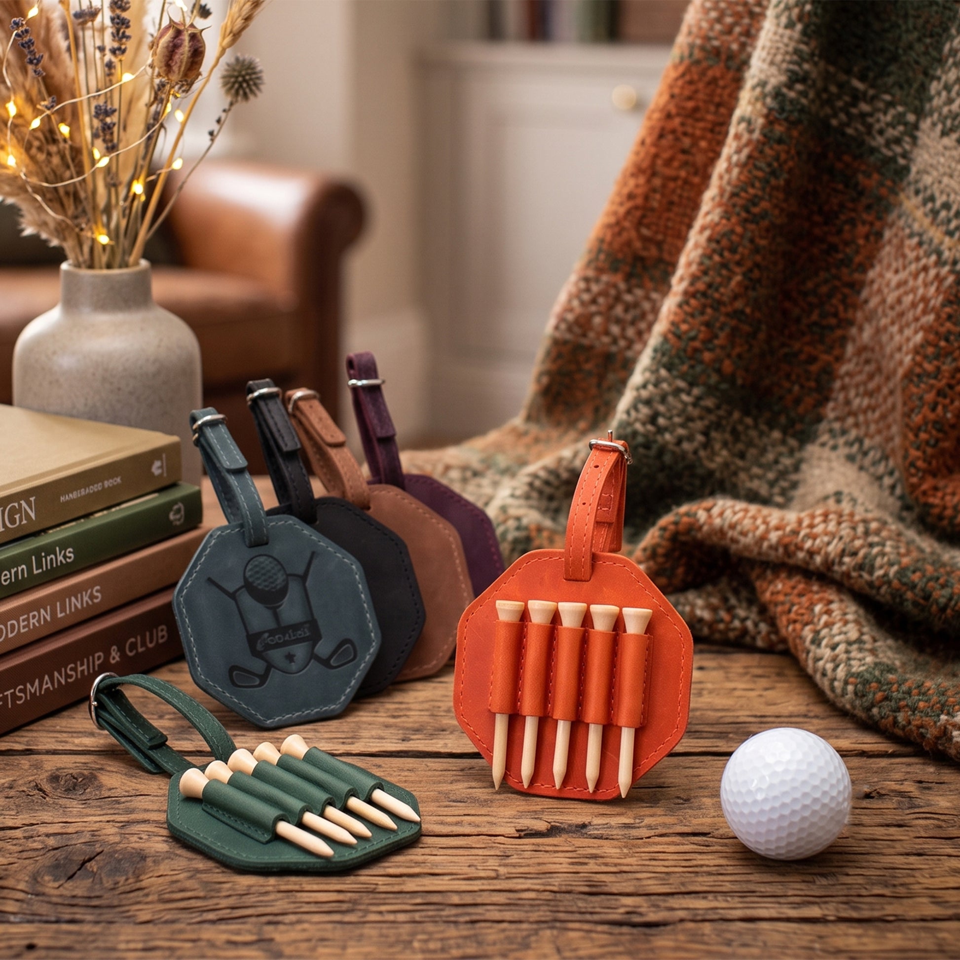 Three leather golf tee holders in dark teal, brown, and forest green are arranged on a rustic wooden table with golf tees inserted. A white golf ball sits nearby, with books, a vase of dried flowers, and a plaid blanket in the background.