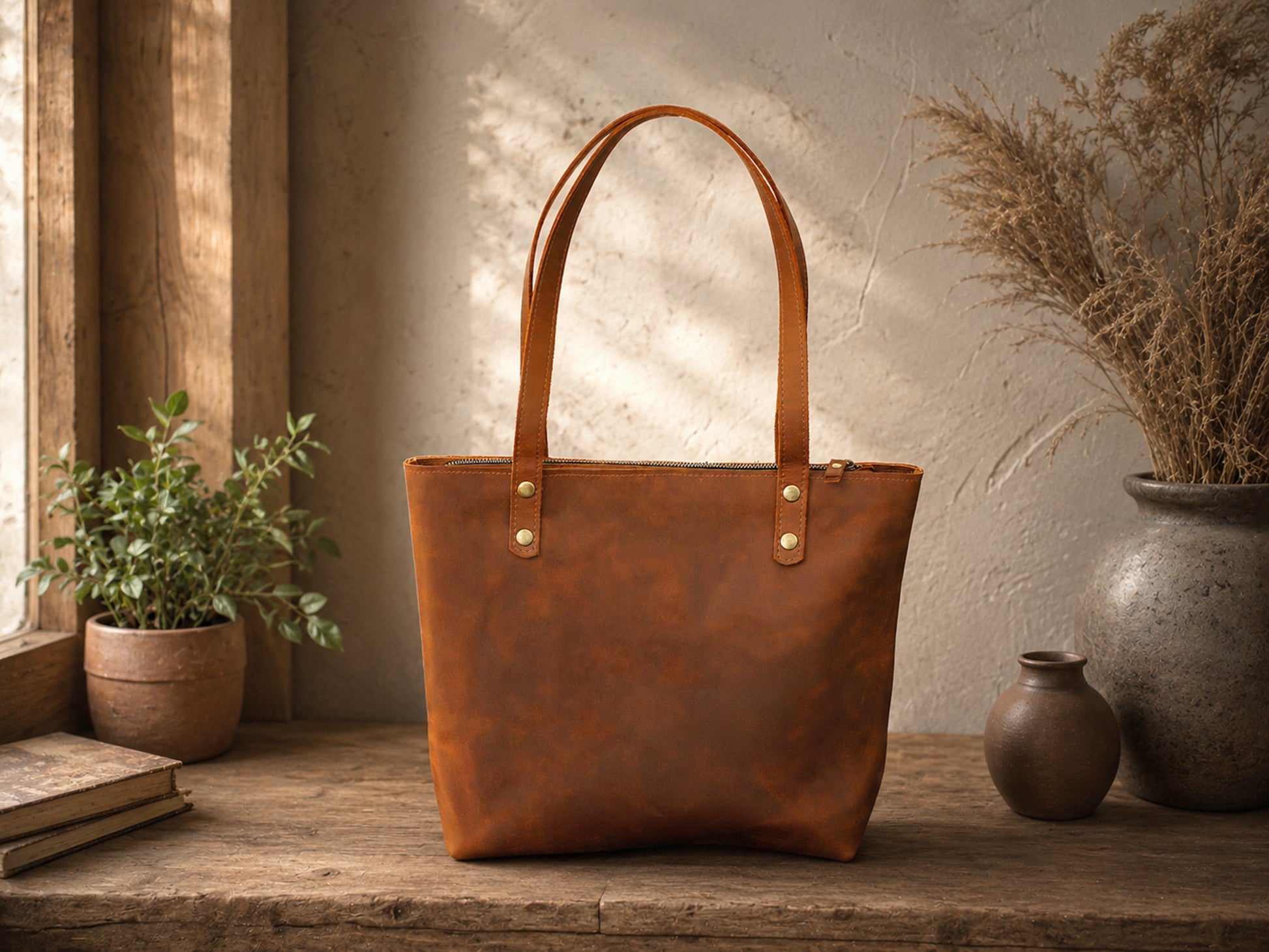 Brown leather tote bag on a wooden surface with decorative plants and vases in the background