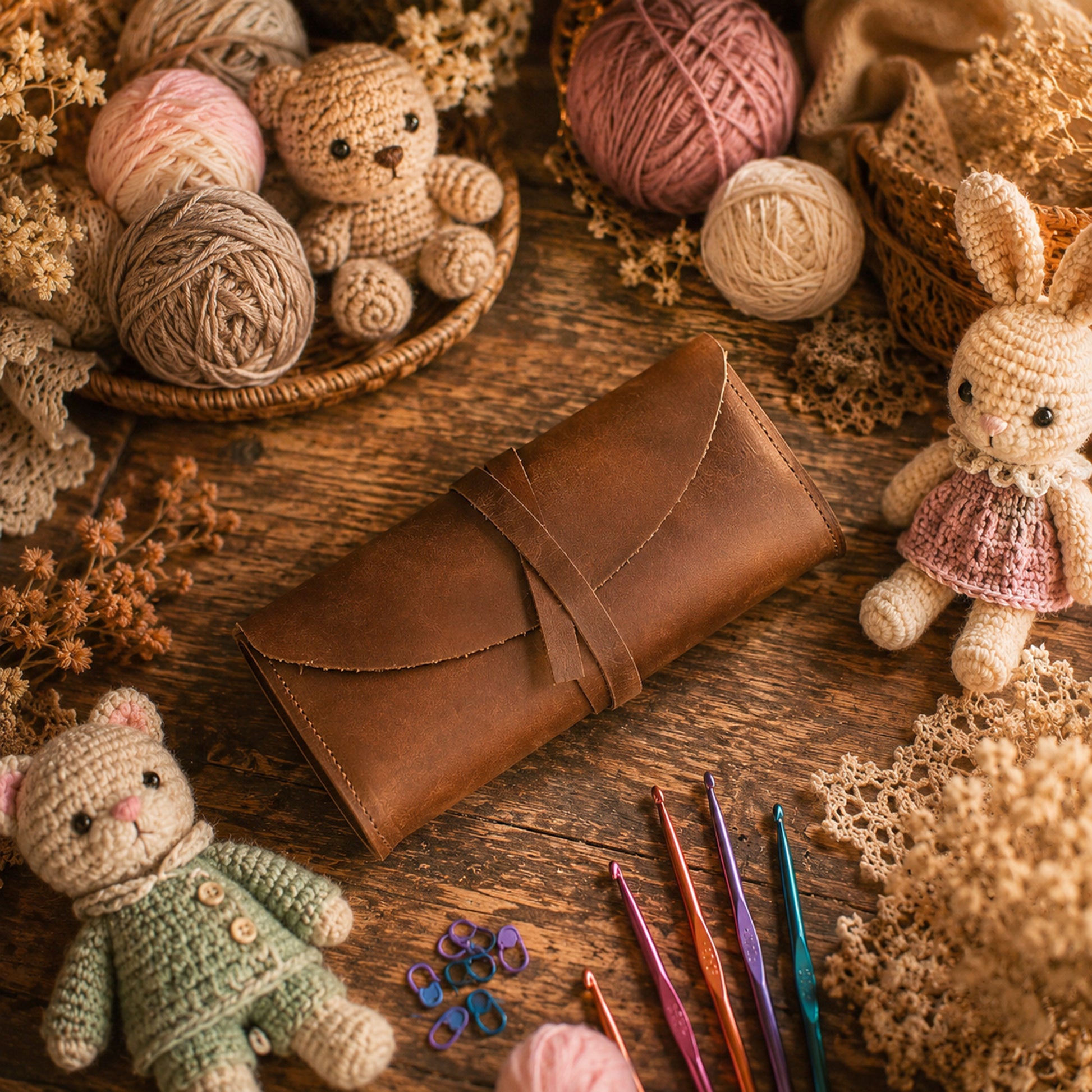 A brown leather crochet hook organizer case lies on a rustic wooden surface, surrounded by yarn balls, crocheted teddy bears, crochet hooks, and dried floral decorations.