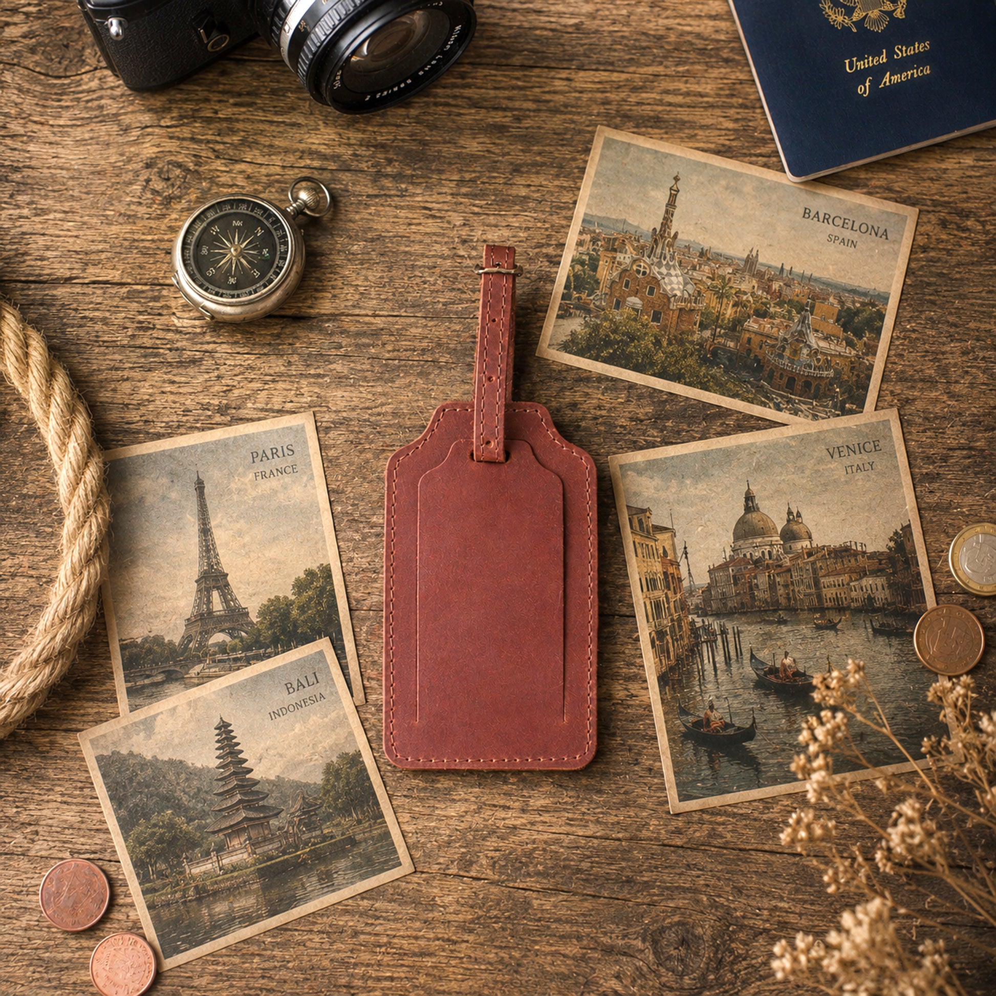 A reddish-brown leather luggage tag lies on a rustic wooden tabletop, surrounded by travel-themed props including vintage postcards showing Paris, Barcelona, Venice, and Bali, a camera, a compass, coins, rope, and dried flowers.