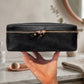 Leather lingerie organizer strap and closure detail, durable brass hardware