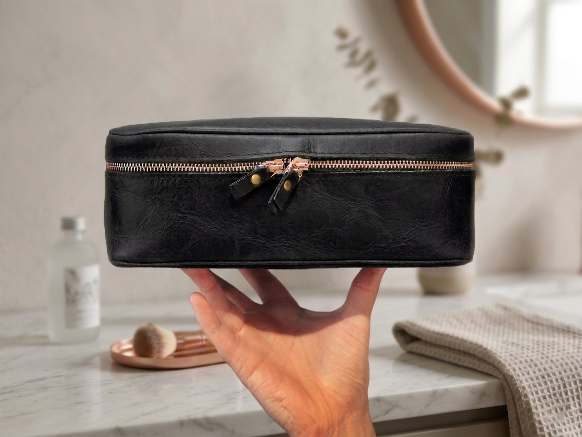 Leather lingerie organizer strap and closure detail, durable brass hardware