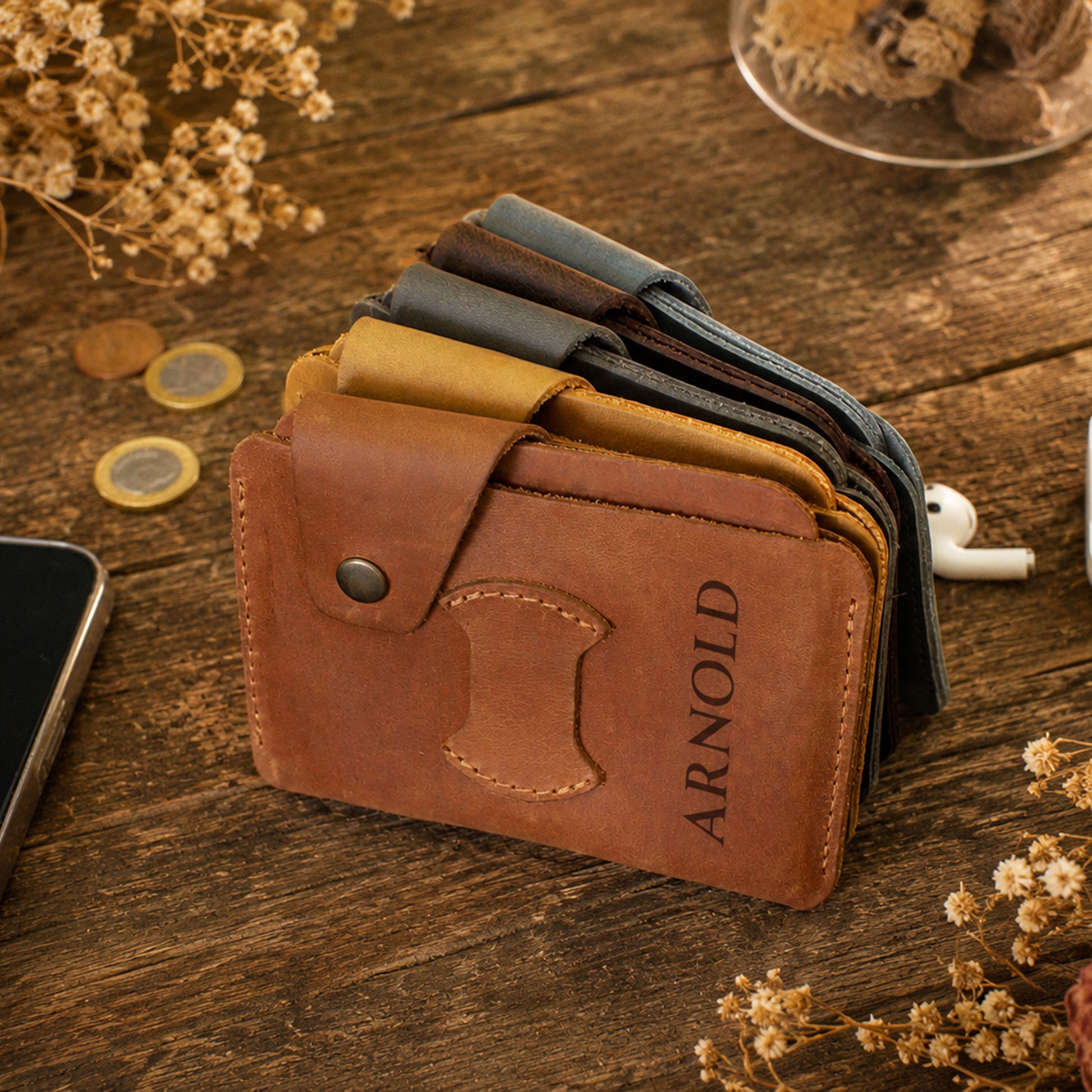 Minimalist leather AirTag wallet with secure tracker slot, handcrafted design