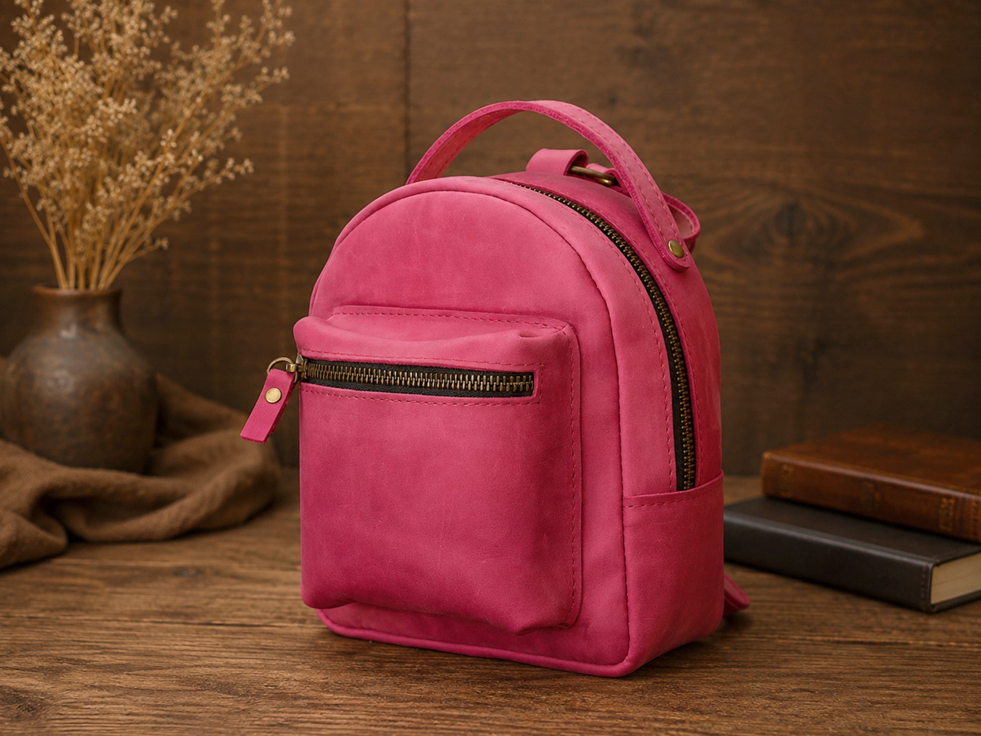 Pink backpack on a wooden surface with books and a vase in the background