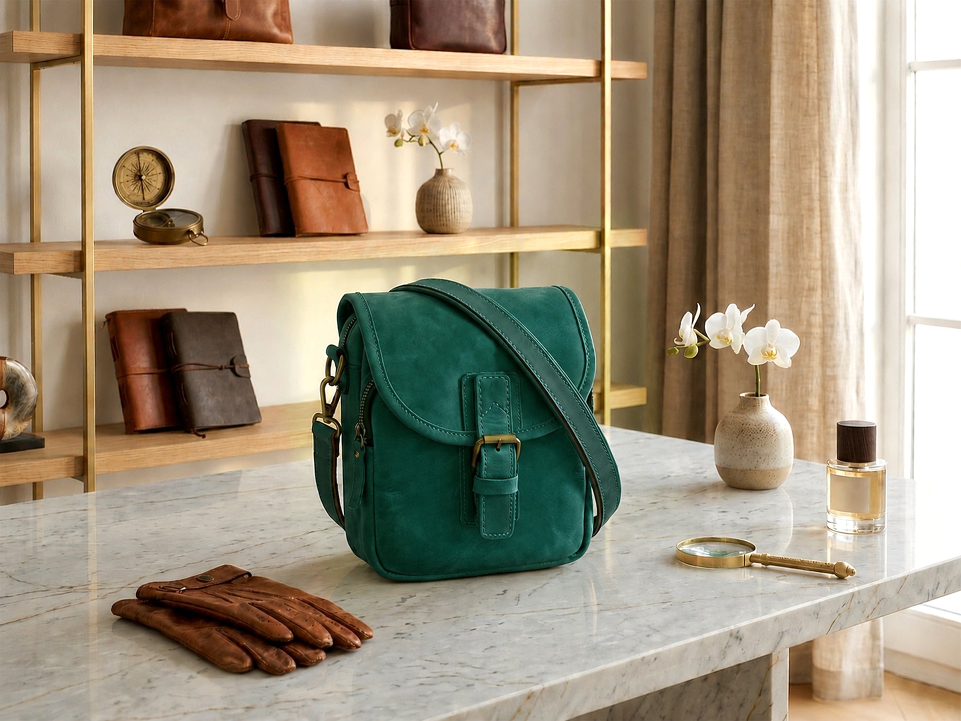 Green bag on a marble surface with a wooden shelf in the background