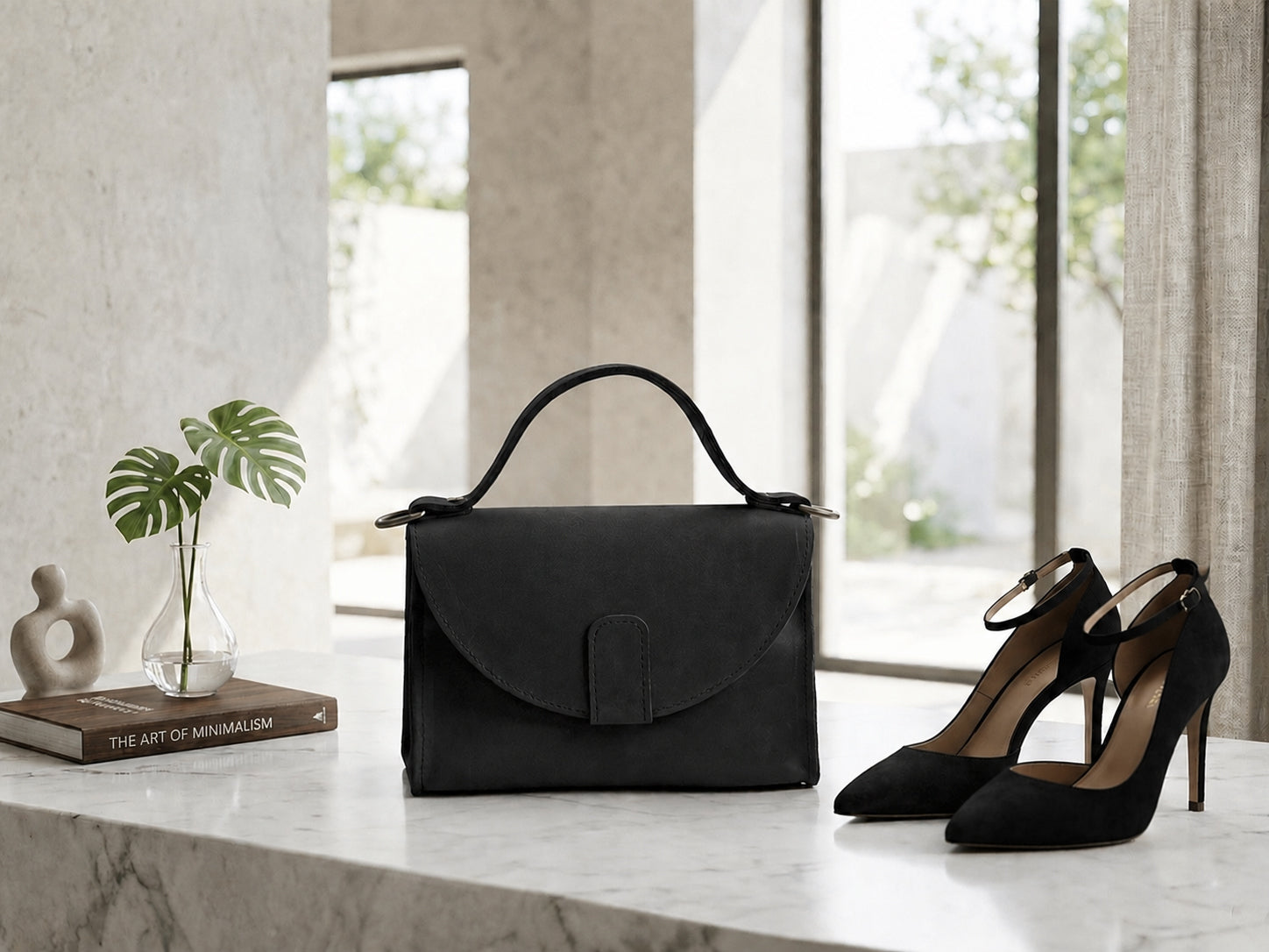 Black handbag and high heels on a marble surface with a neutral background