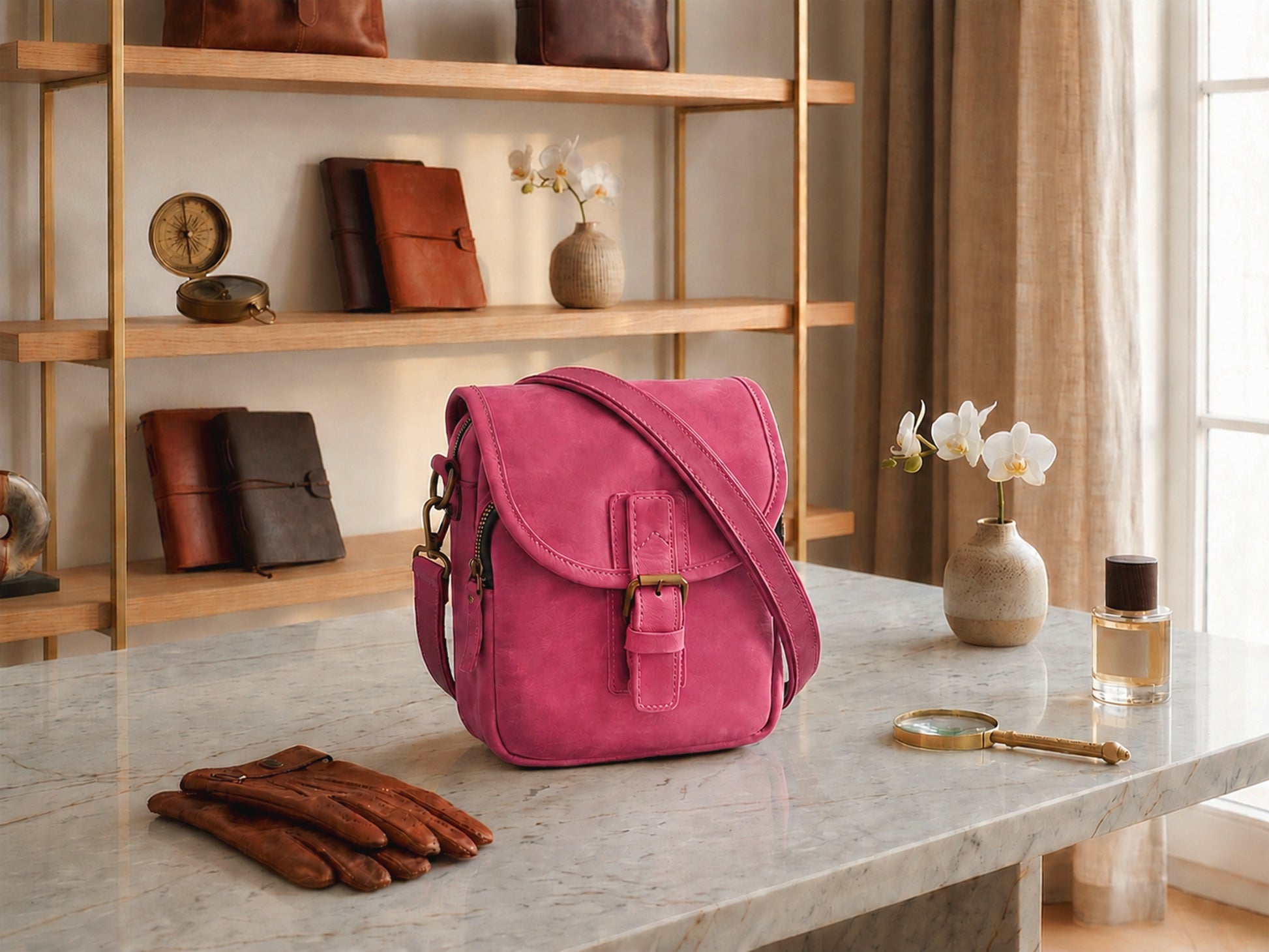 Pink satchel bag on a marble surface with decorative items in the background