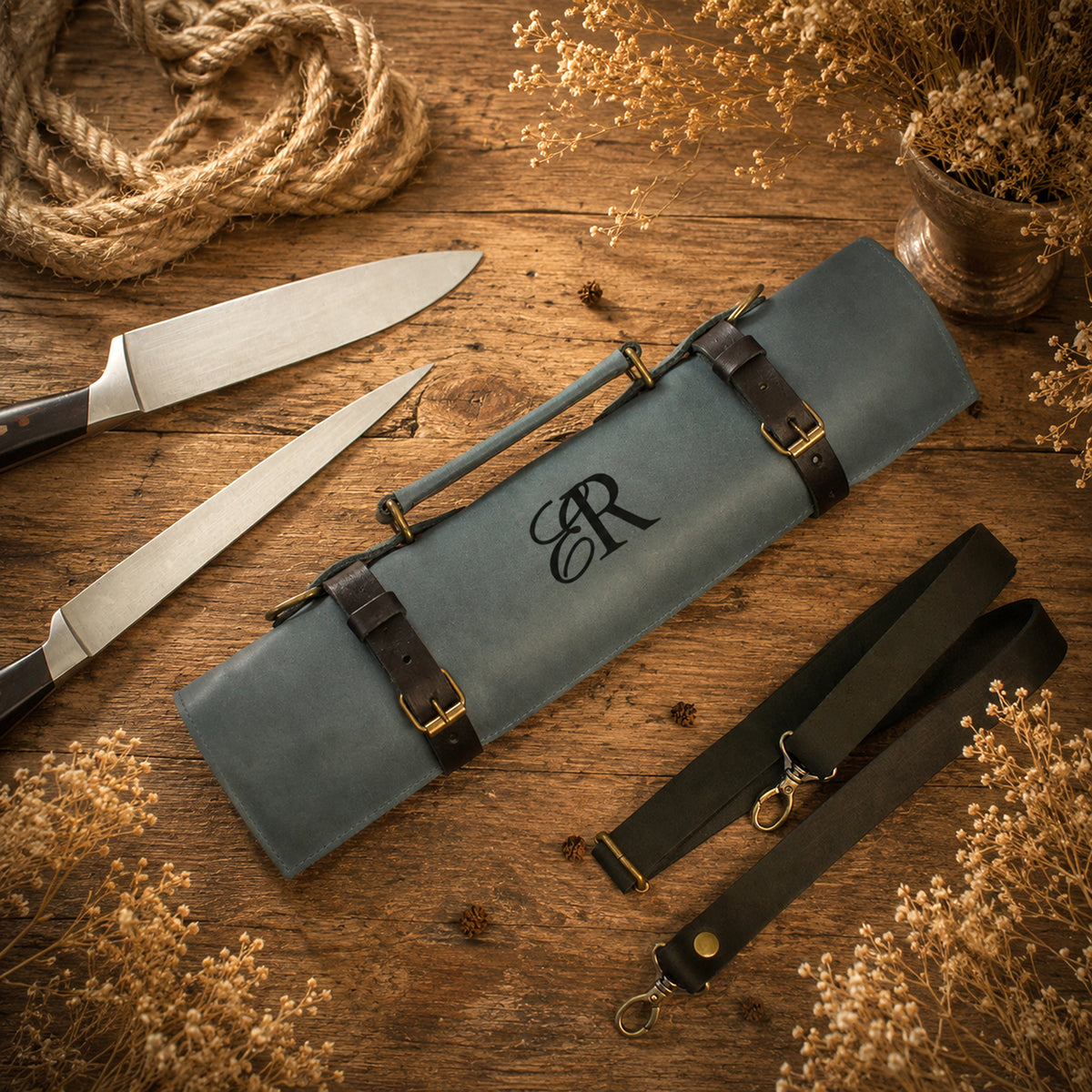 The Master Chef leather knife roll, side profile view