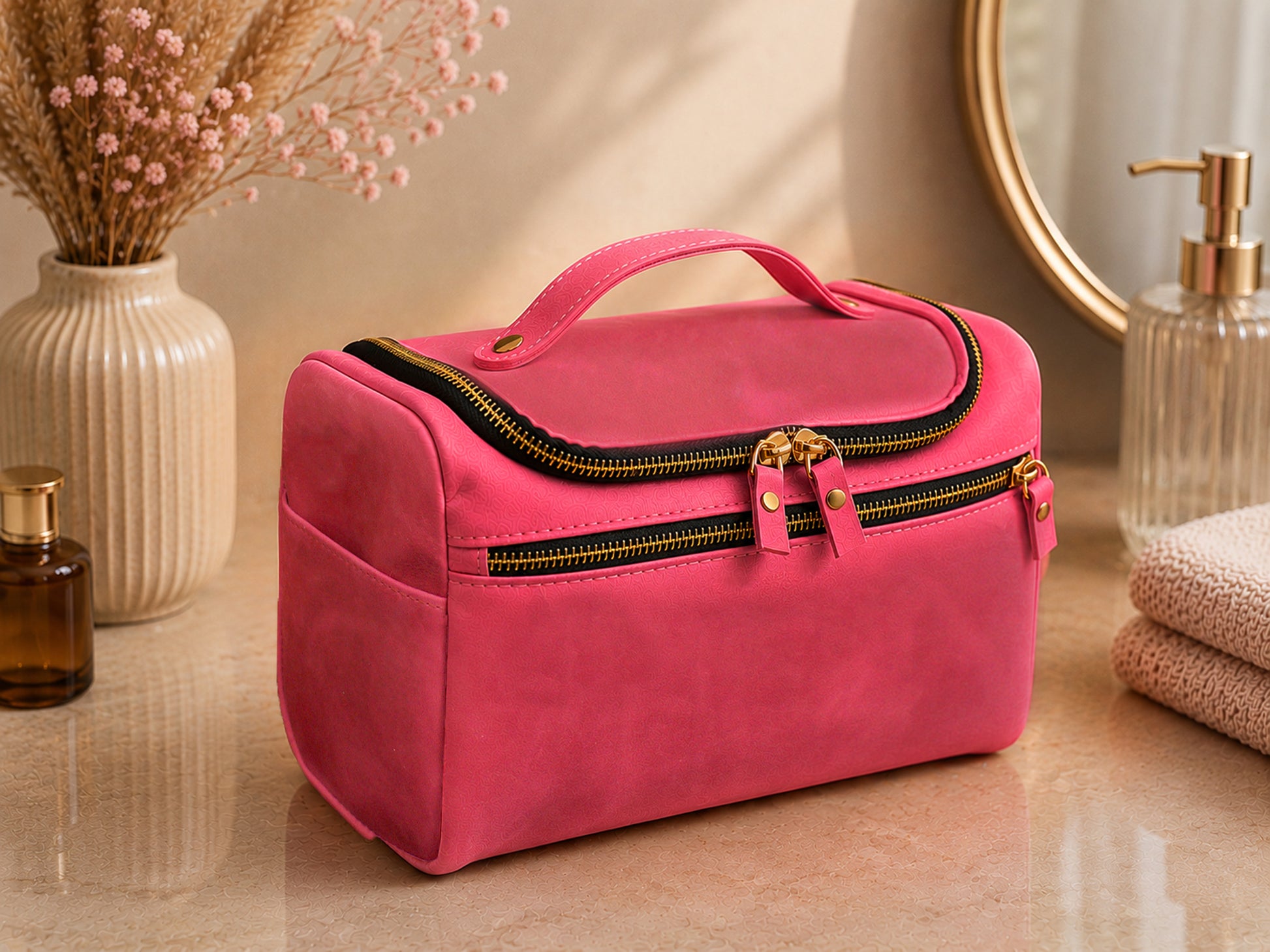 Pink cosmetic bag on a bathroom counter with decorative elements.
