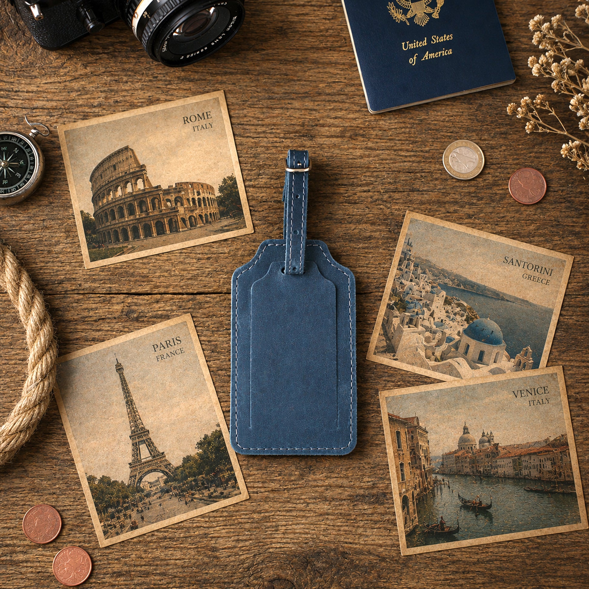 A blue leather luggage tag is centered on a rustic wooden surface, surrounded by travel-themed props including vintage postcards of Rome, Paris, Santorini, and Venice, a passport, camera, rope, and coins.