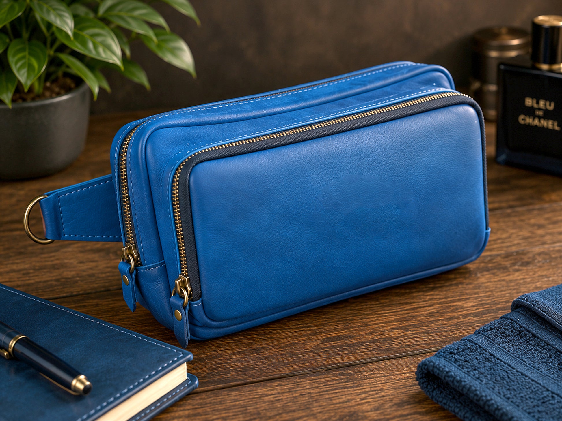 Blue leather crossbody on a wooden surface with a plant and Chanel perfume bottle in the background