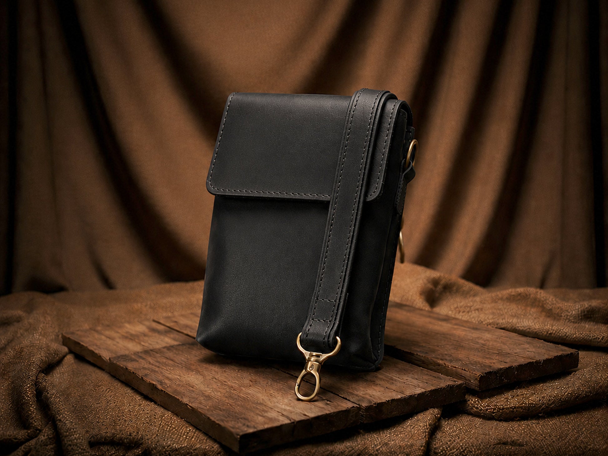Black leather pouch with a gold hook on a wooden surface with brown fabric background
