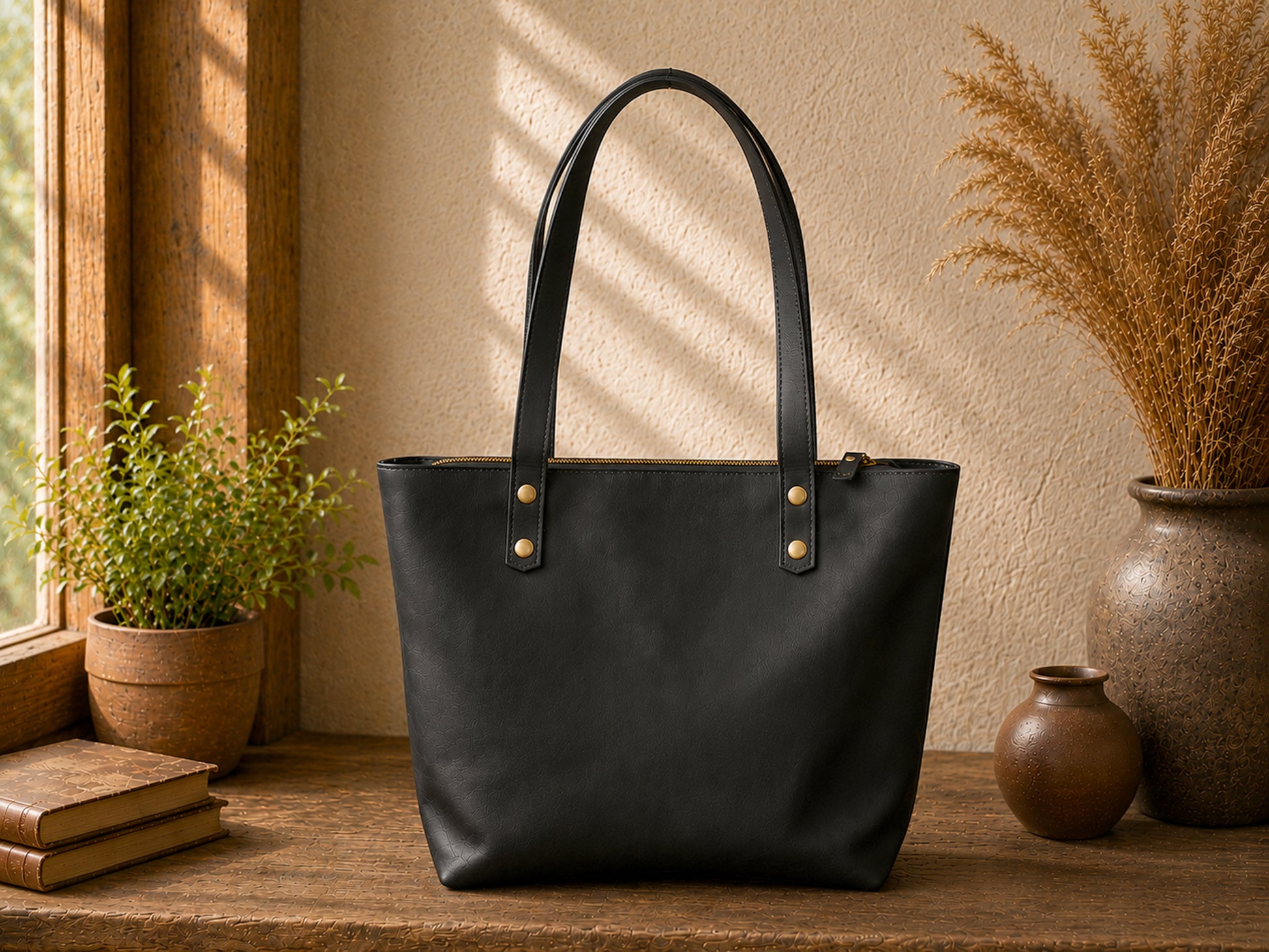 Black leather tote bag on a wooden surface with decorative plants and vases in the background.
