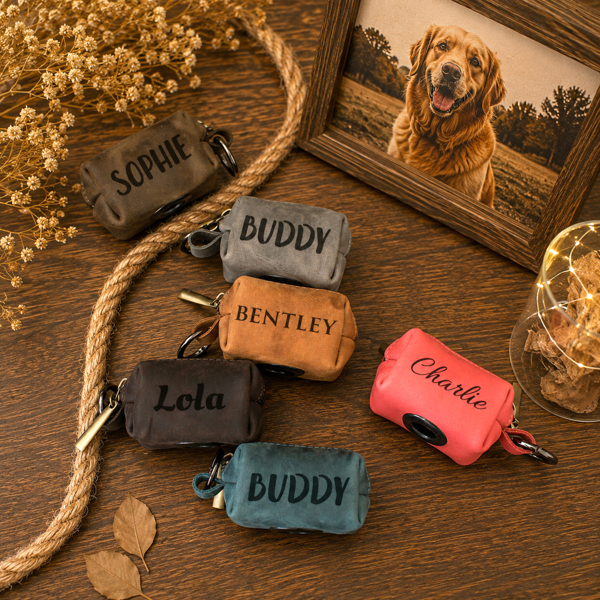Five small personalized dog leash pouches in different colors are arranged on a wooden tabletop with dried flowers, rope, a framed dog photo, and a glass jar with warm lights. The pouches are labeled with pet names: Sophie, Buddy, Bentley, Lola, and Charlie.