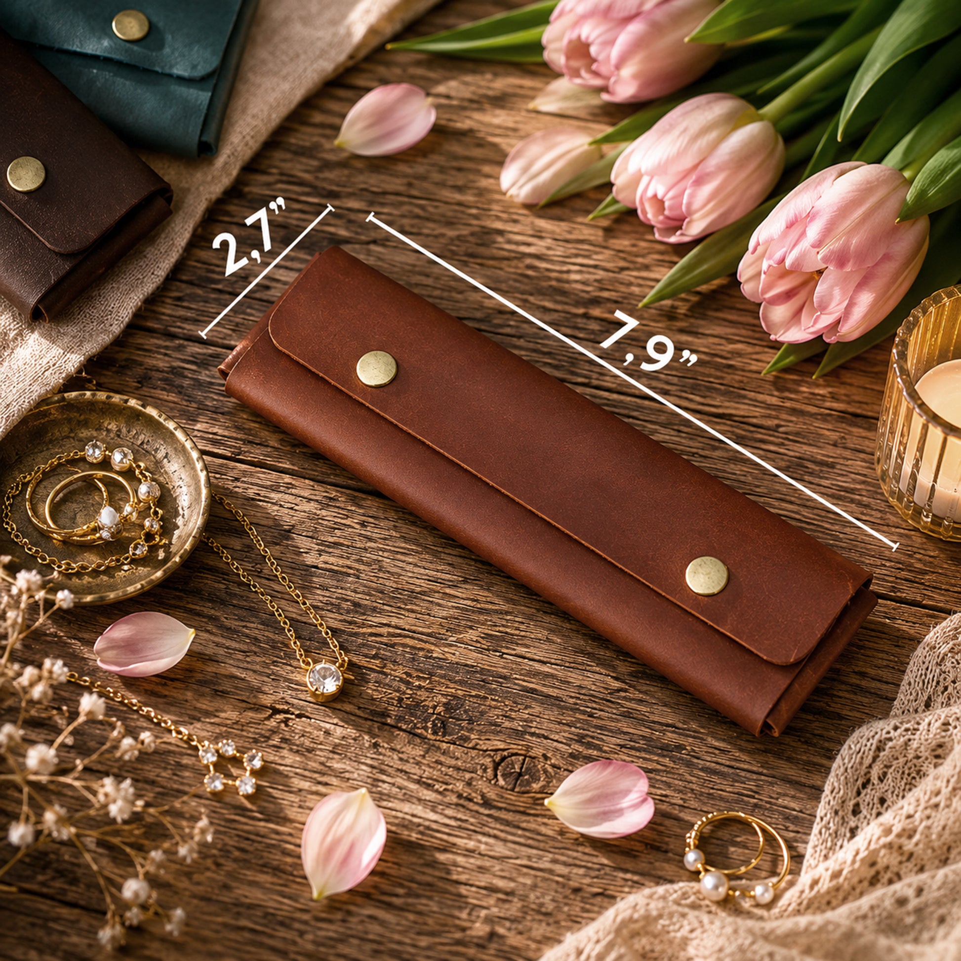 A brown leather wallet or card holder laid on a rustic wooden surface with overlaid dimension lines showing 2.7" by 7.
