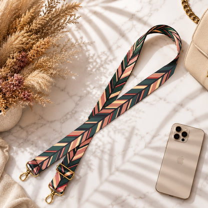 Patterned strap with gold hardware on a light surface with phone and dried flowers