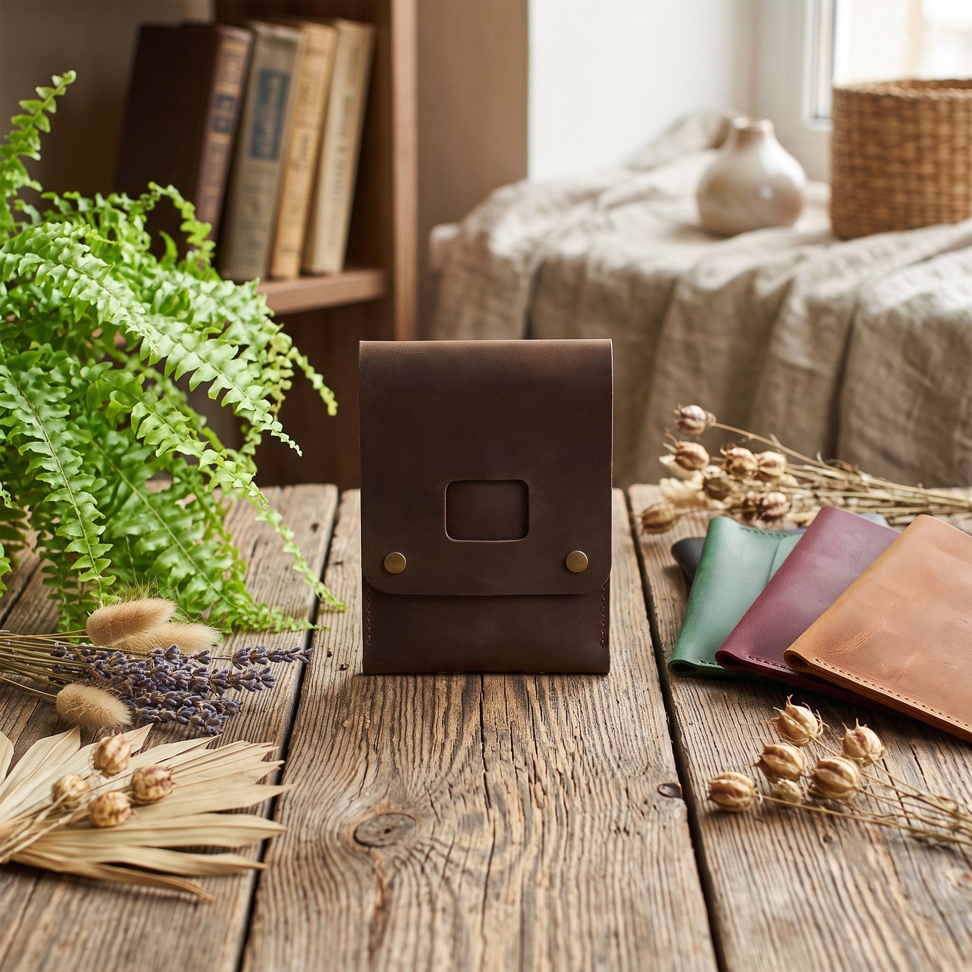 A dark brown leather organizer box with a rectangular cutout window and brass grommets, standing on a rustic wooden table surrounded by dried flowers, a green fern, and other leather items in a cozy indoor setting.