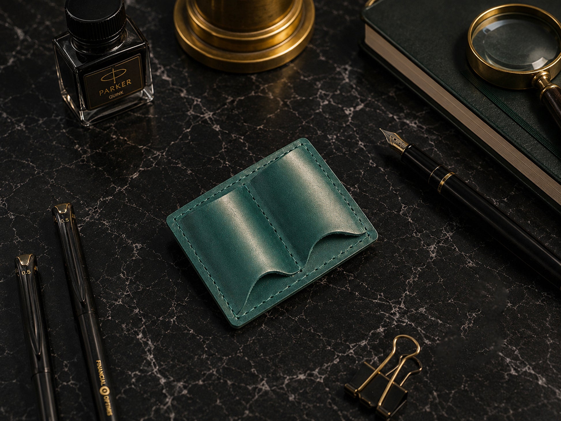 The Scribe personalized leather pen holder, side profile view