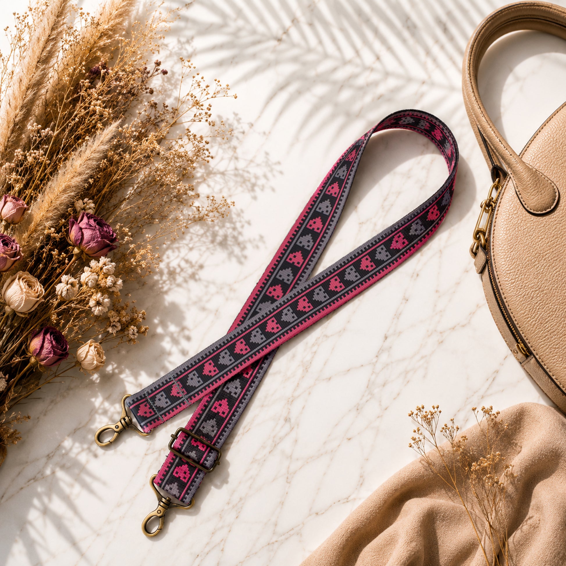 Dog leash with skull pattern on a light surface with flowers and a handbag.