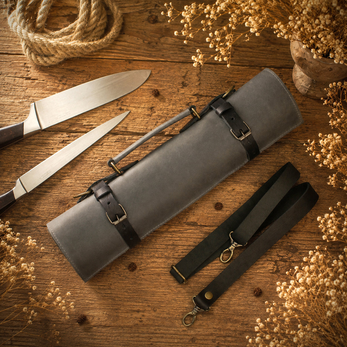 Premium leather knife roll with name stamp, warm earthy tone