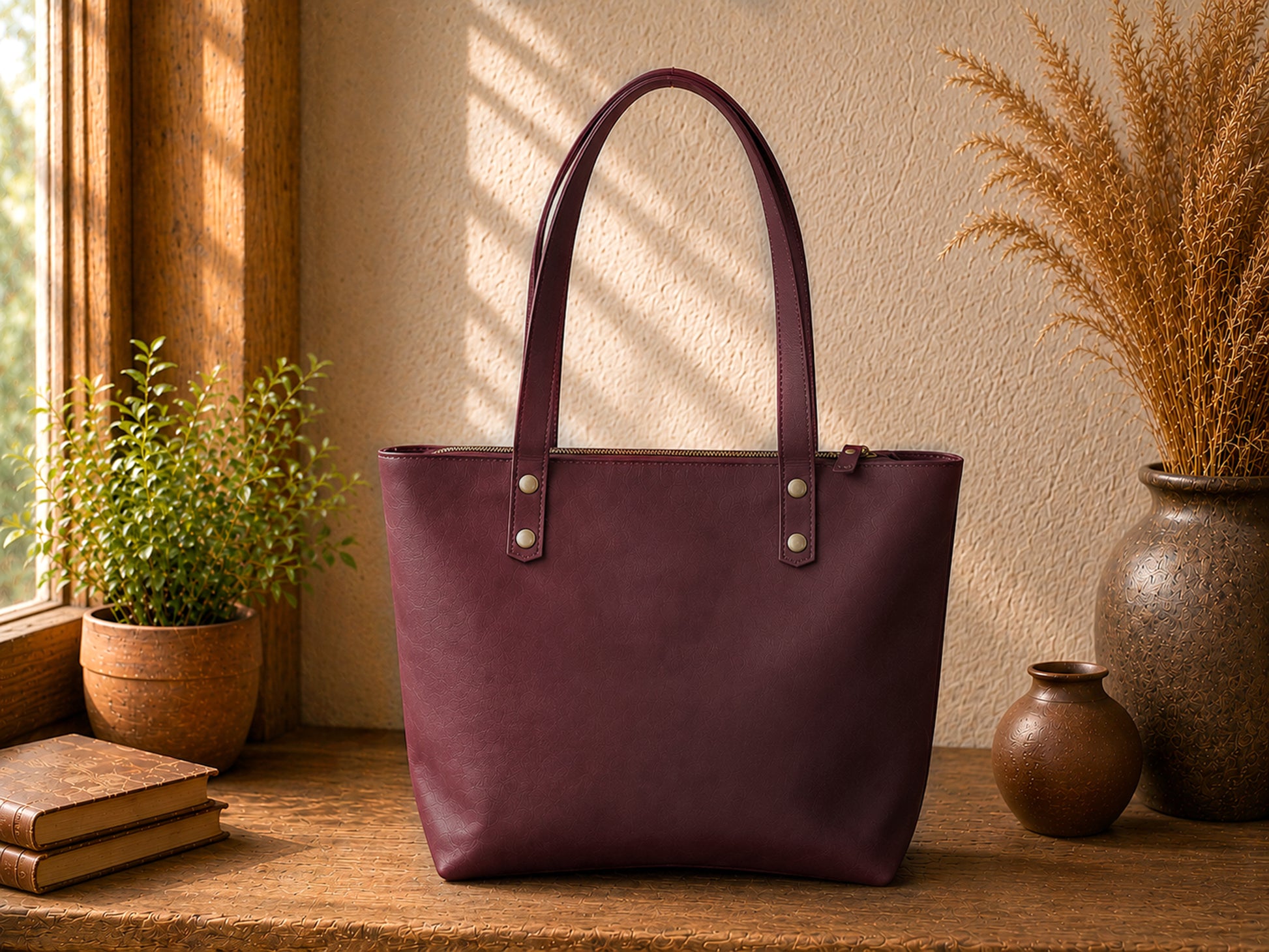 Multiple leather tote bags with monogram initials on textured surface